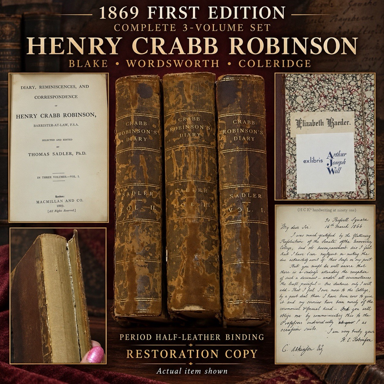 1869 1st Ed Henry Crabb Robinson Diary 3 Vol Set Blake Wordsworth Antiquarian UK