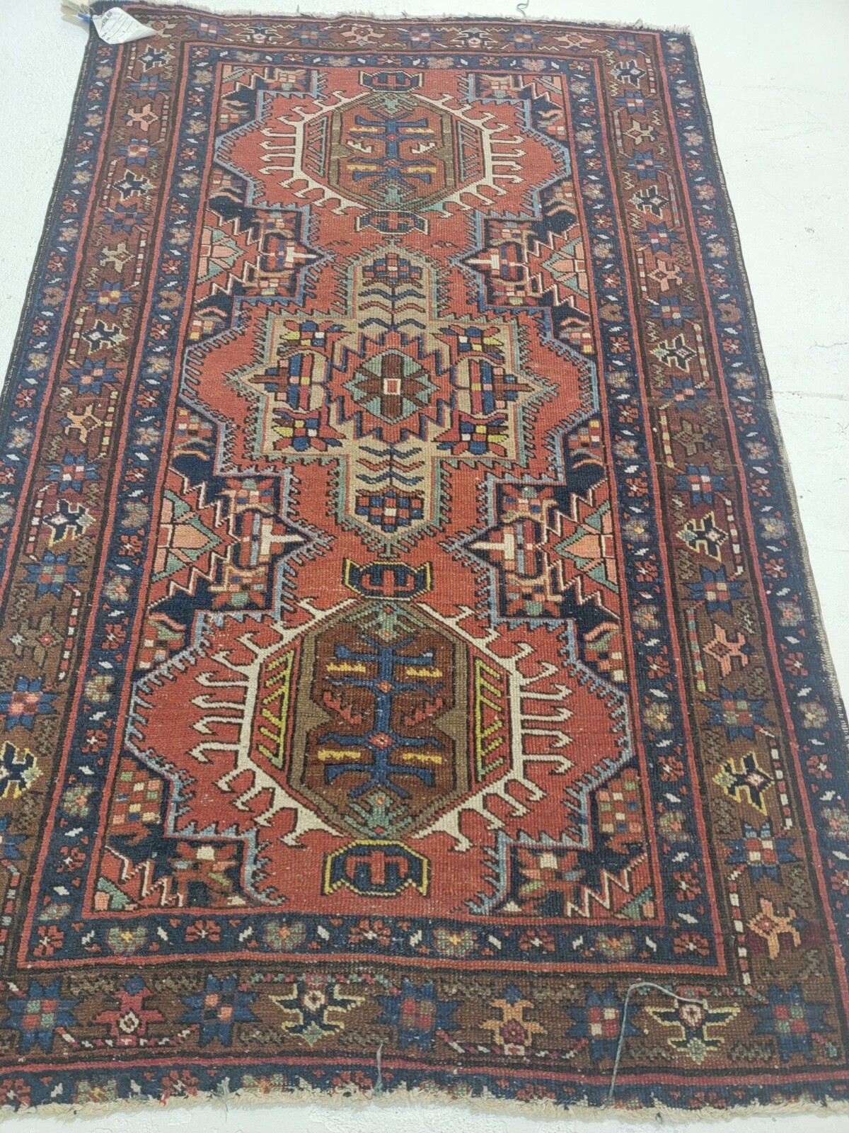 Antique Oriental Hand-Knotted Wool Area Rug Red/Blue/Ivory/Green 3\' x 4\'8\