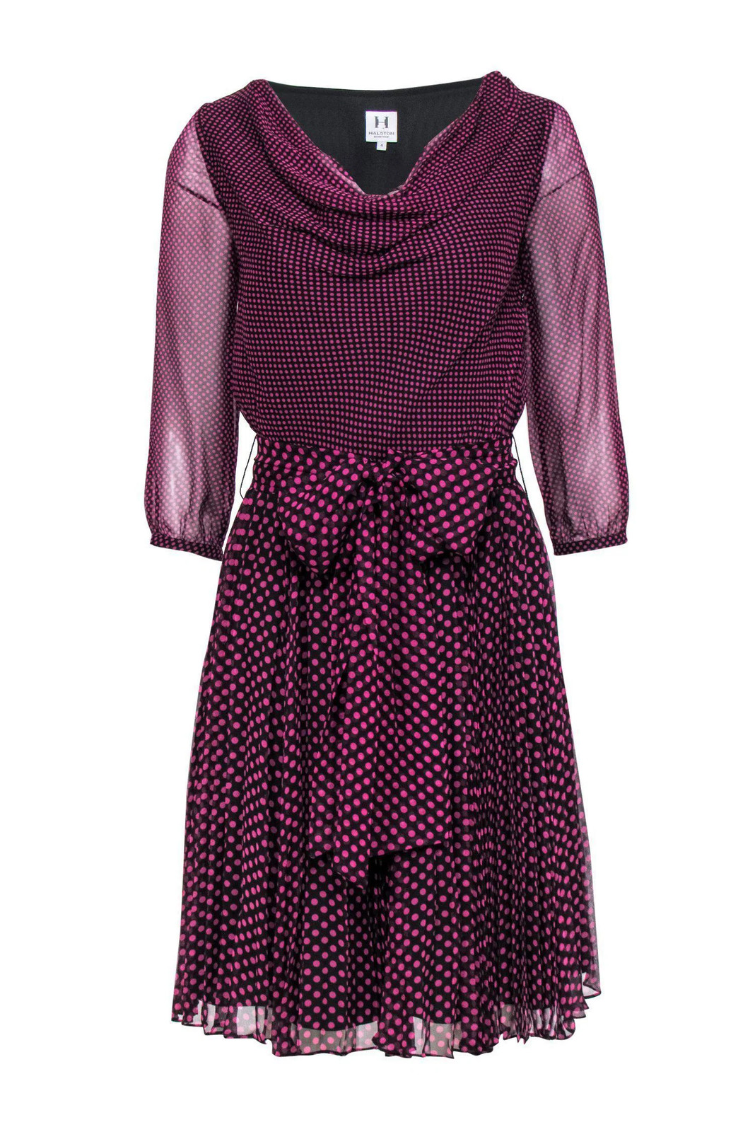 Halston Heritage - Black & Purple Polka Dot Cowl Neck Dress w/ Sheer Sleeves Sz Halston Heritage - Black & Purple Polka Dot Cowl Neck Dress w/ Sheer Sleeves Sz