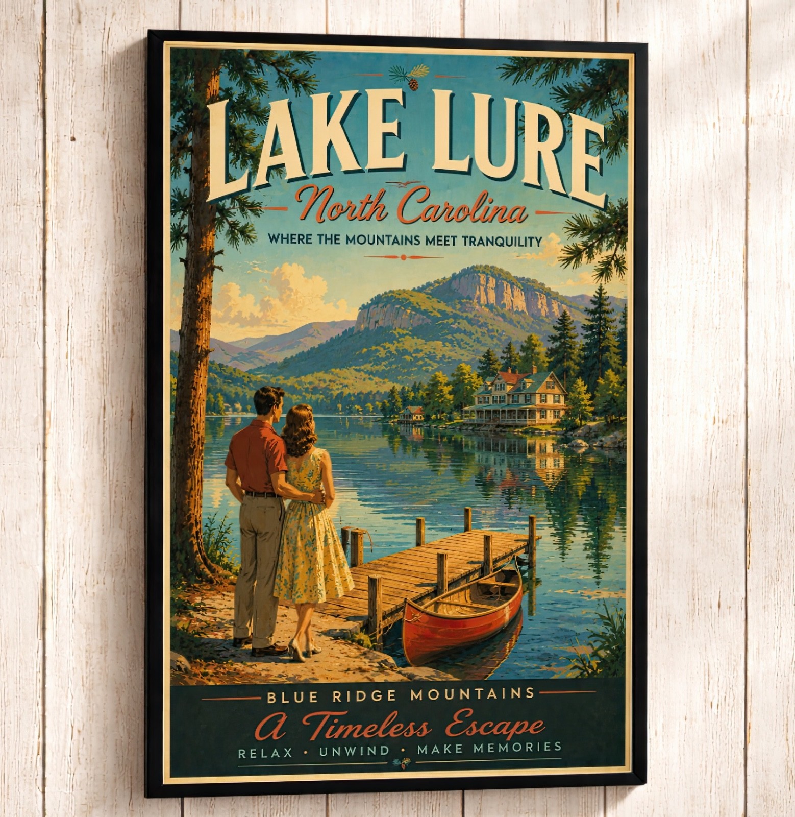 Lake Lure NC Travel Poster Blue Ridge Mountain Vintage Lake Wall Art