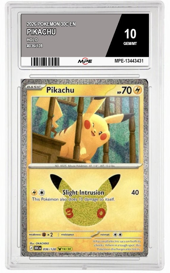 2026 POKEMON 30C EN HOLO PIKACHU #036/128 MPE 10 2026 POKEMON 30C EN HOLO PIKACHU #036/128 MPE 10
