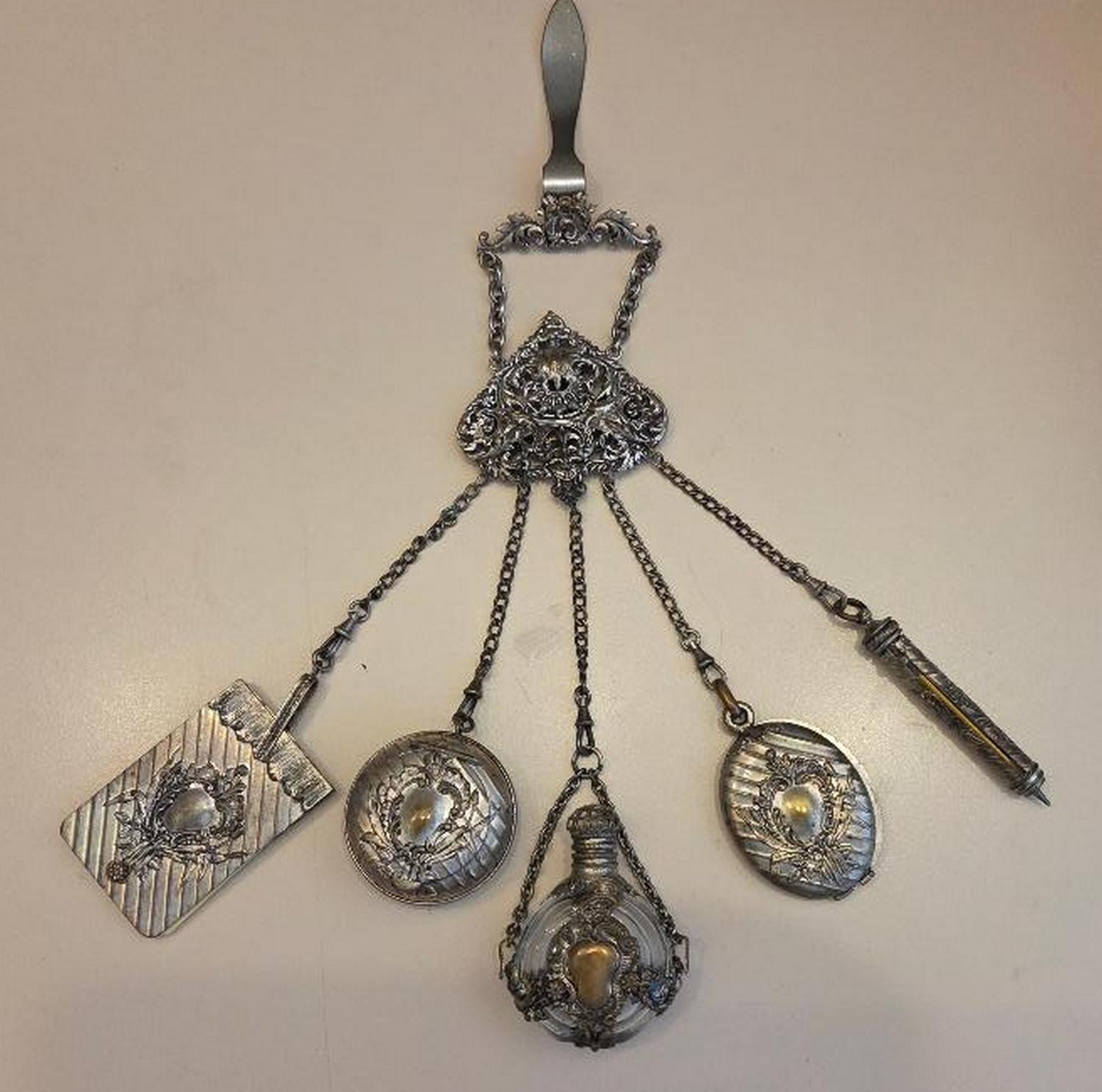 Rare 1900s silver plate 5 piece chatelaine, compact, perfume, mirror, pencil