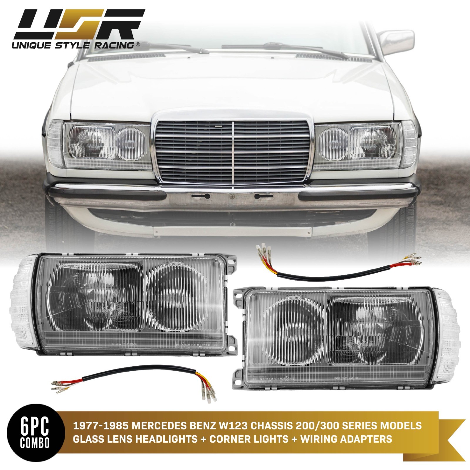For 77-85 Mercedes W123 300D GLASS Lens EURO Headlight w/Corner Light + Wiring