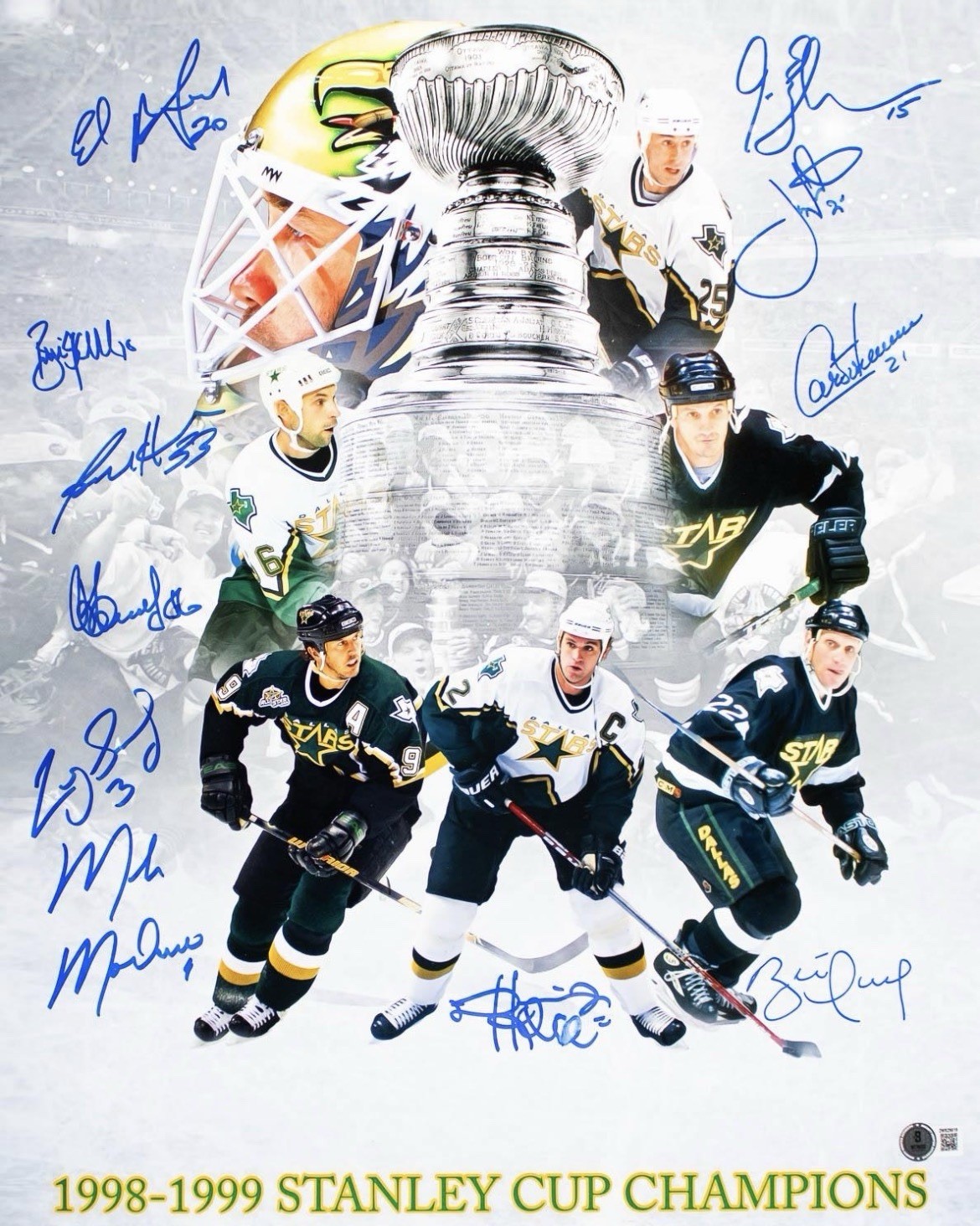 1999 Stanley Cup Champs Dallas Stars Team x 11 Signed  16 x 20 Photo Beckett COA