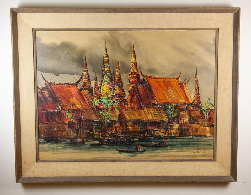 Framed Watercolor Art - \'Monsoon Season in Bangkok\' by Frank M. Hamilton 29x37