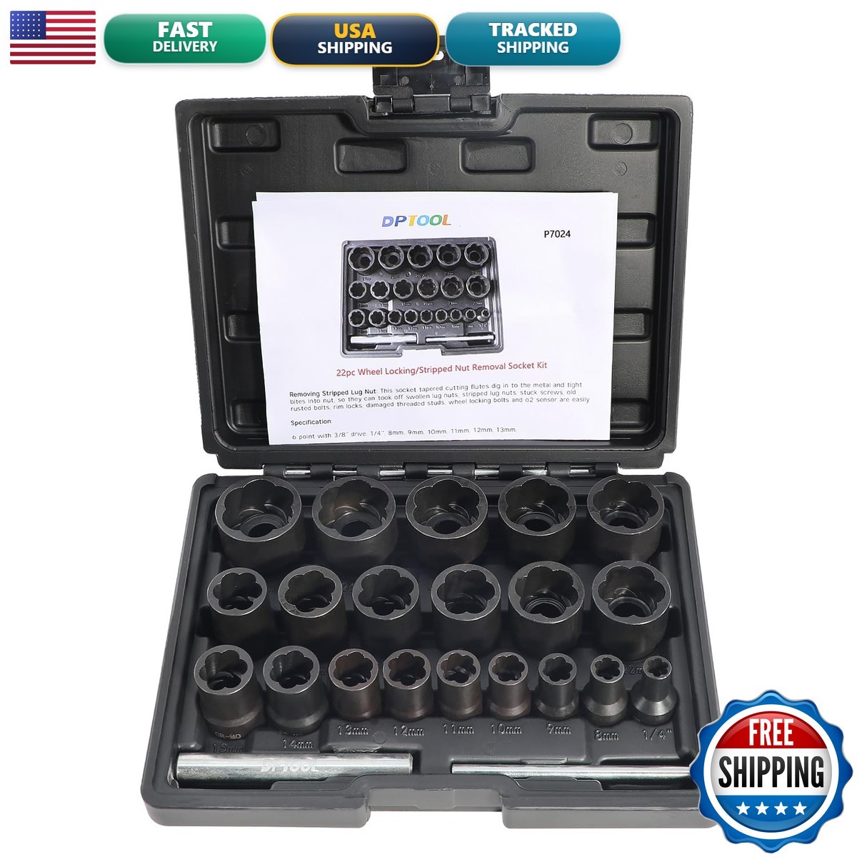 DPTOOL HNUTRE01 Lug Nut Extractor Set Wheel Lock Removal Kit