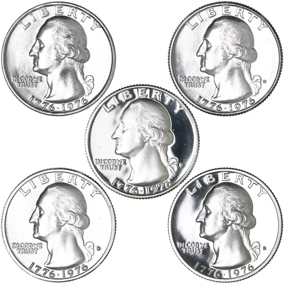 1976 P D S S S Washington Quarters Silver Proof & BU & Clad P D S 5 Coin Set 1976 P D S S S Washington Quarters Silver Proof & BU & Clad P D S 5 Coin Set