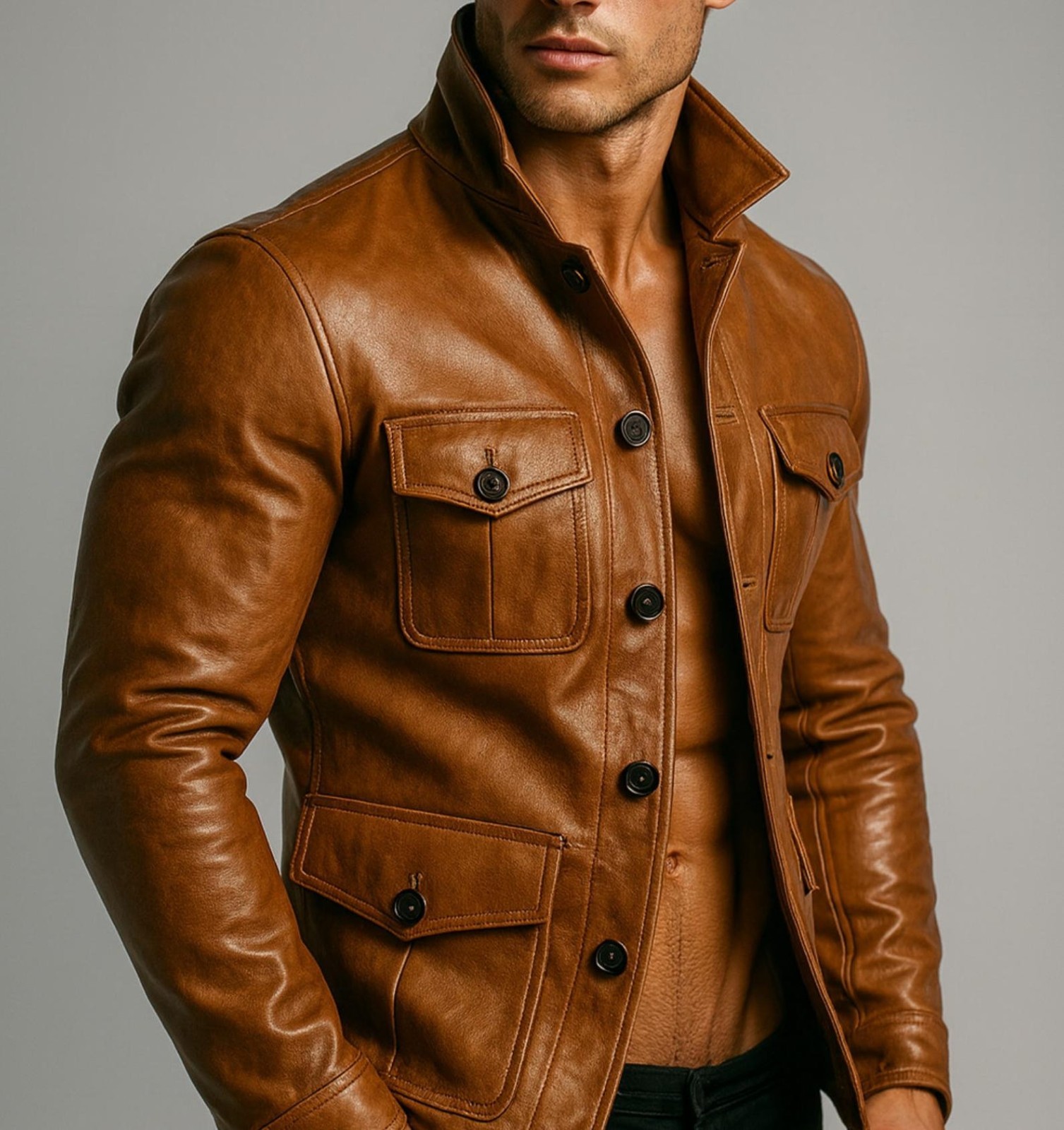 Handmade Cognac Sheep Leather Field Jacket Men\'s Safari Style Outerwear
