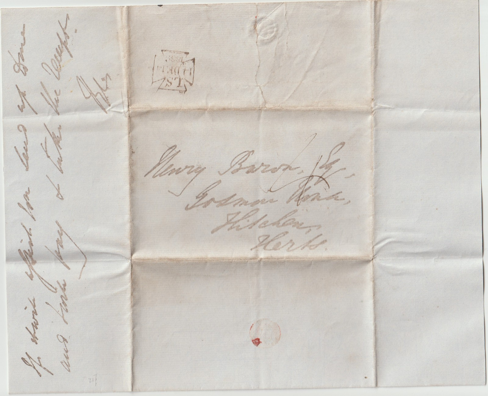 1839 DEC 14 DEC LONDON L S \'M/X\' DATESTAMP TO HENRY BARON HITCHIN IN 4d POST E/L 1839 DEC 14 DEC LONDON L S \'M/X\' DATESTAMP TO HENRY BARON HITCHIN IN 4d POST E/L