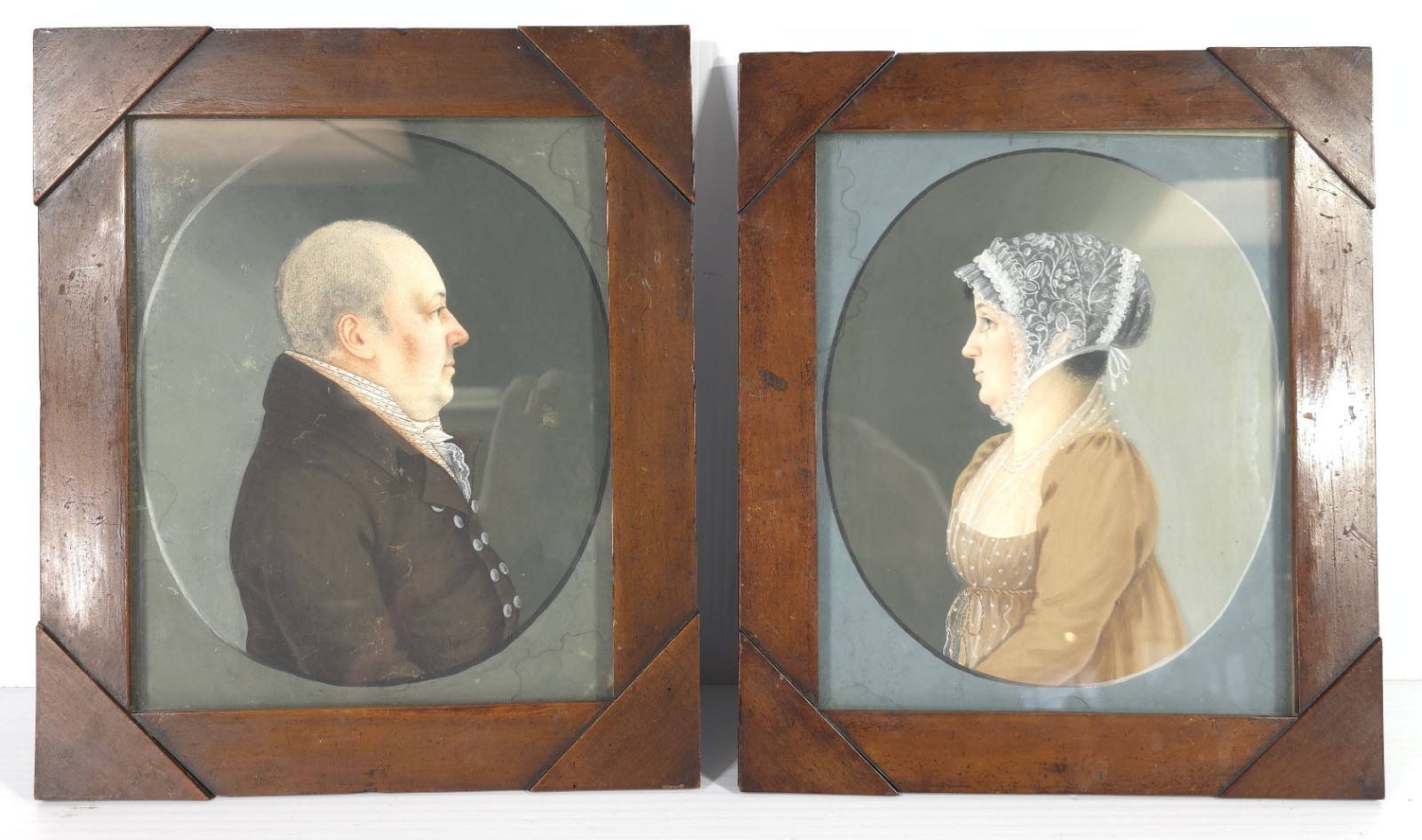 Fine Pair of Early Watercolor Portrait Paintings of a Man & Woman