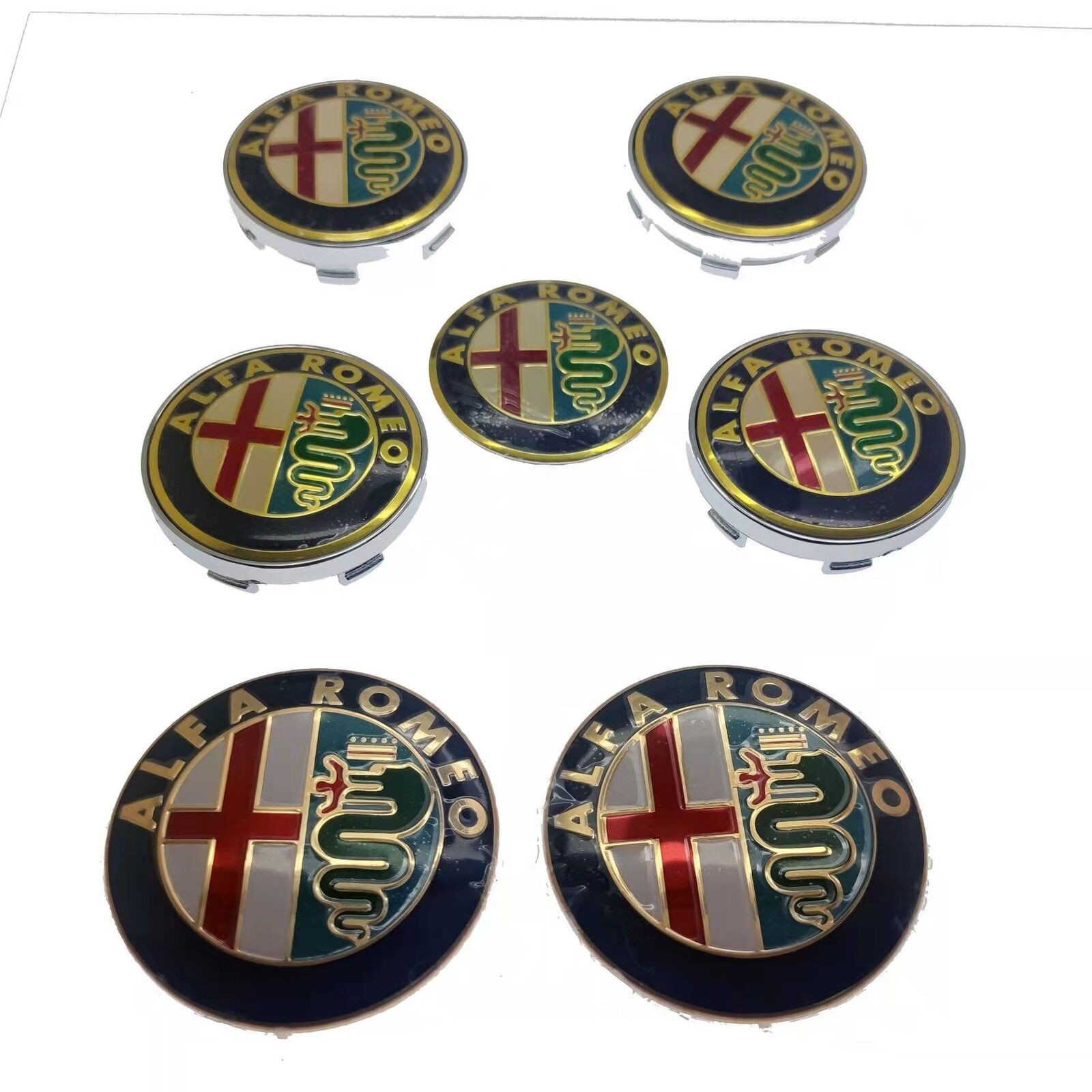 (7PCS) ALFA ROMEO 74mm Hood/Rear Badge+60mm Modified Wheel+Steering Wheel Gold
