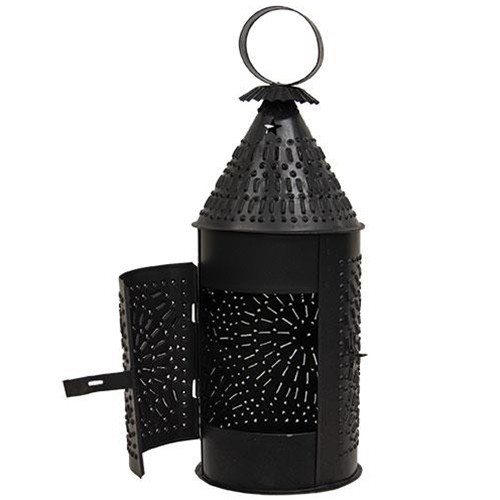 New PRIMITIVE Early Style PUNCHED TIN BLACK LANTERN CANDLE HOLDER LAMP 14