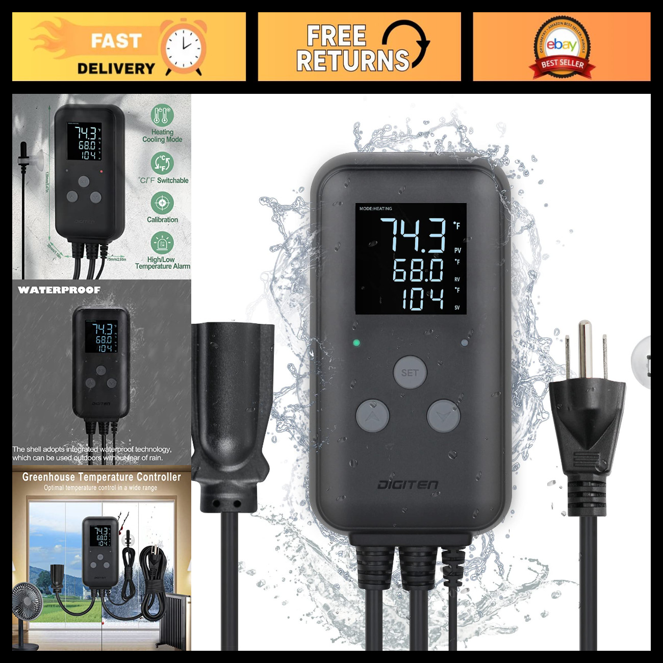 Waterproof Digital Temperature Controller for Aquarium, Greenhouse & Heating - 1