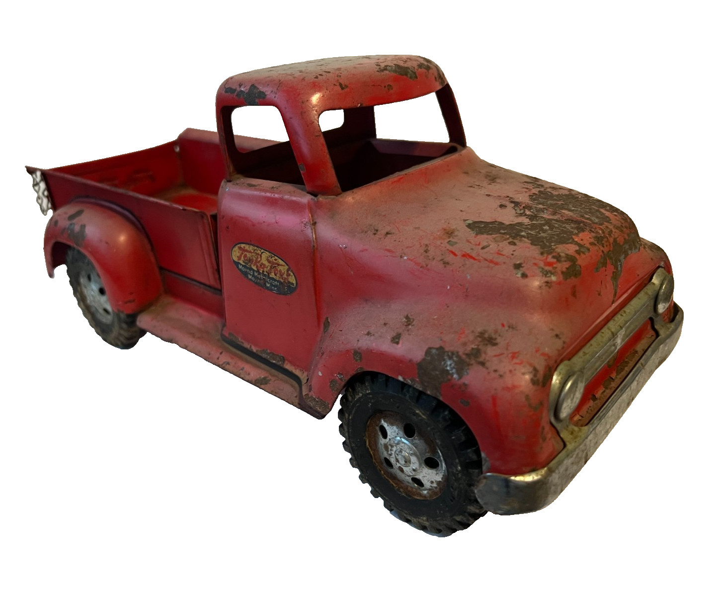 VINTAGE 1950'S PRESSED STEEL TONKA STEP SIDE  RED RUSTY PICK-UP TRUCK