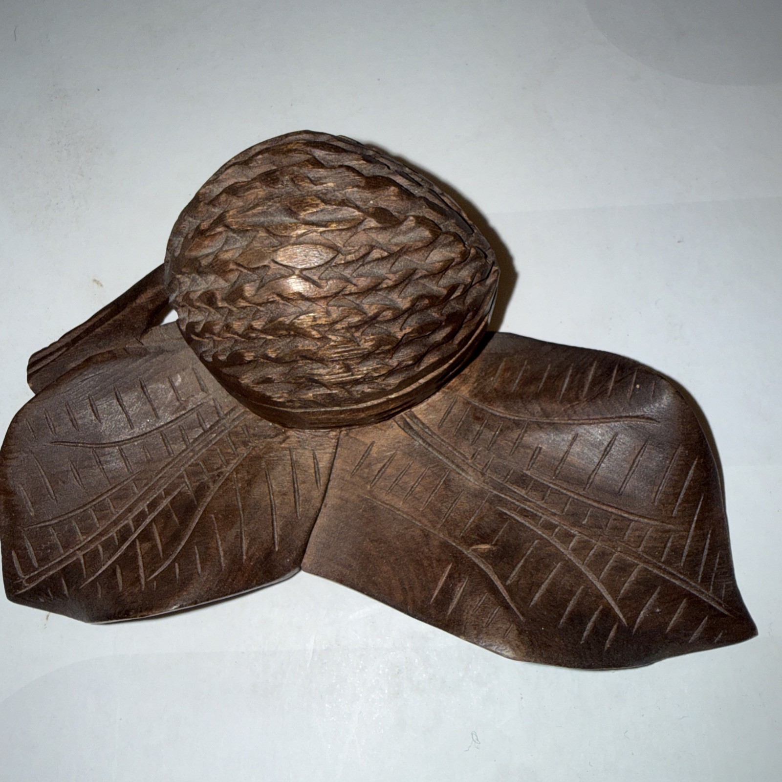 Rare Antique Folk Art Hand Carved Wood Thimble Holder Nut w Leaves 5 3/4