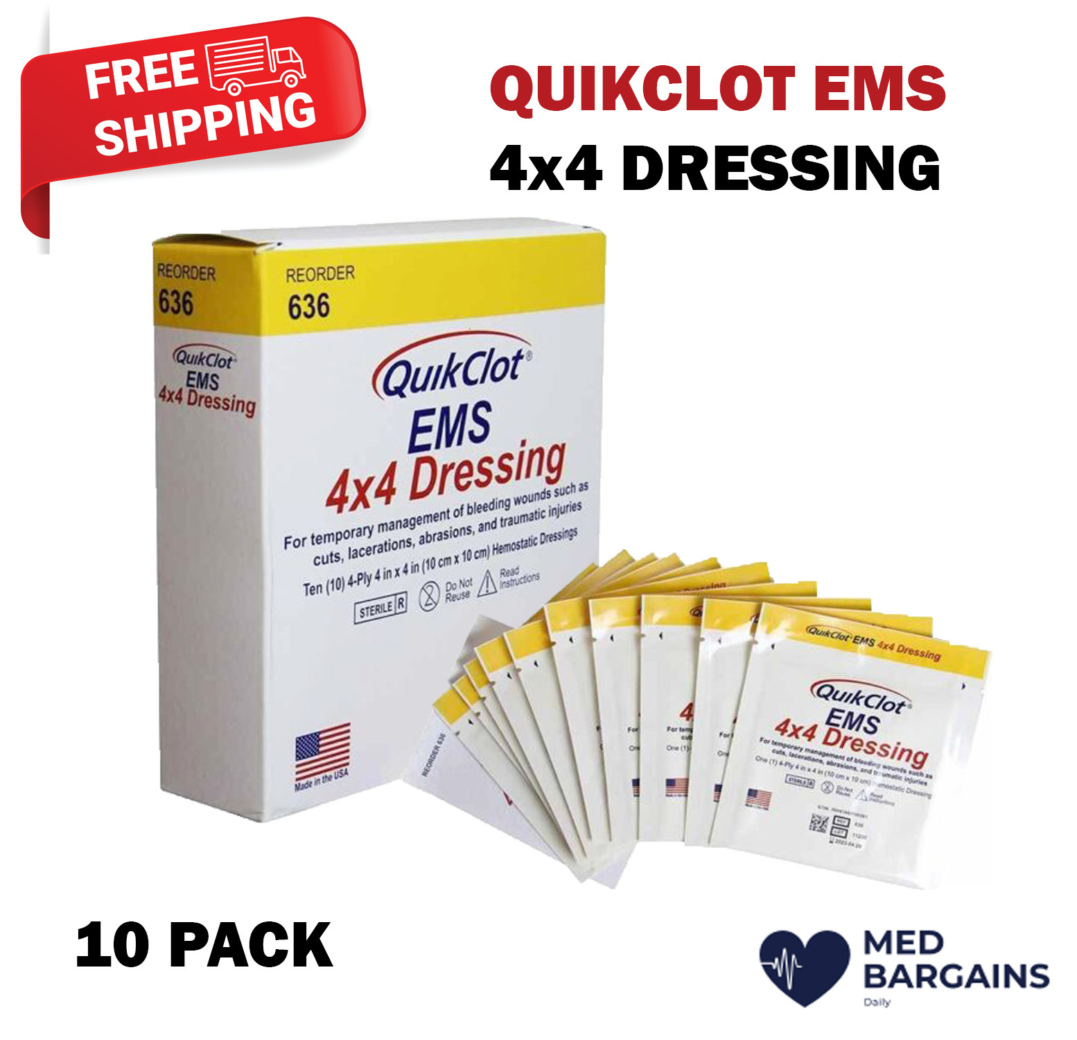 QuikClot EMS Sterile 4x4 Disposable Dressing - 10 PACK