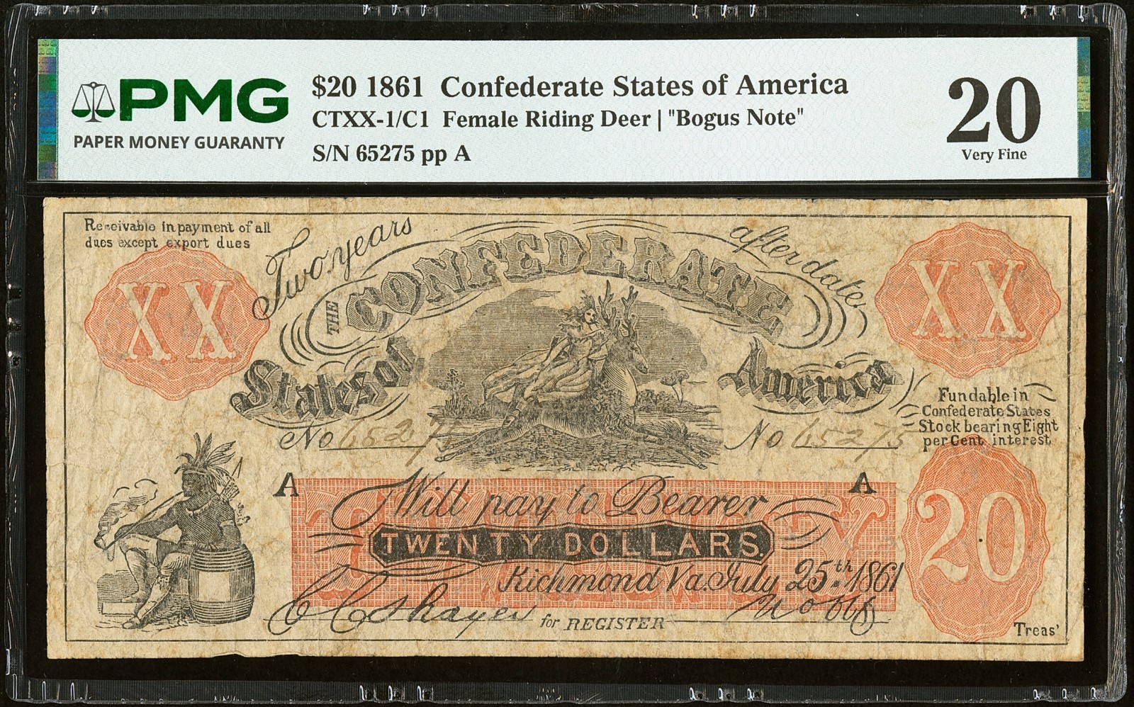1861 CTXX-1/C1 $20 Confederate Female Riding Deer Bogus Note PMG Very Fine 20