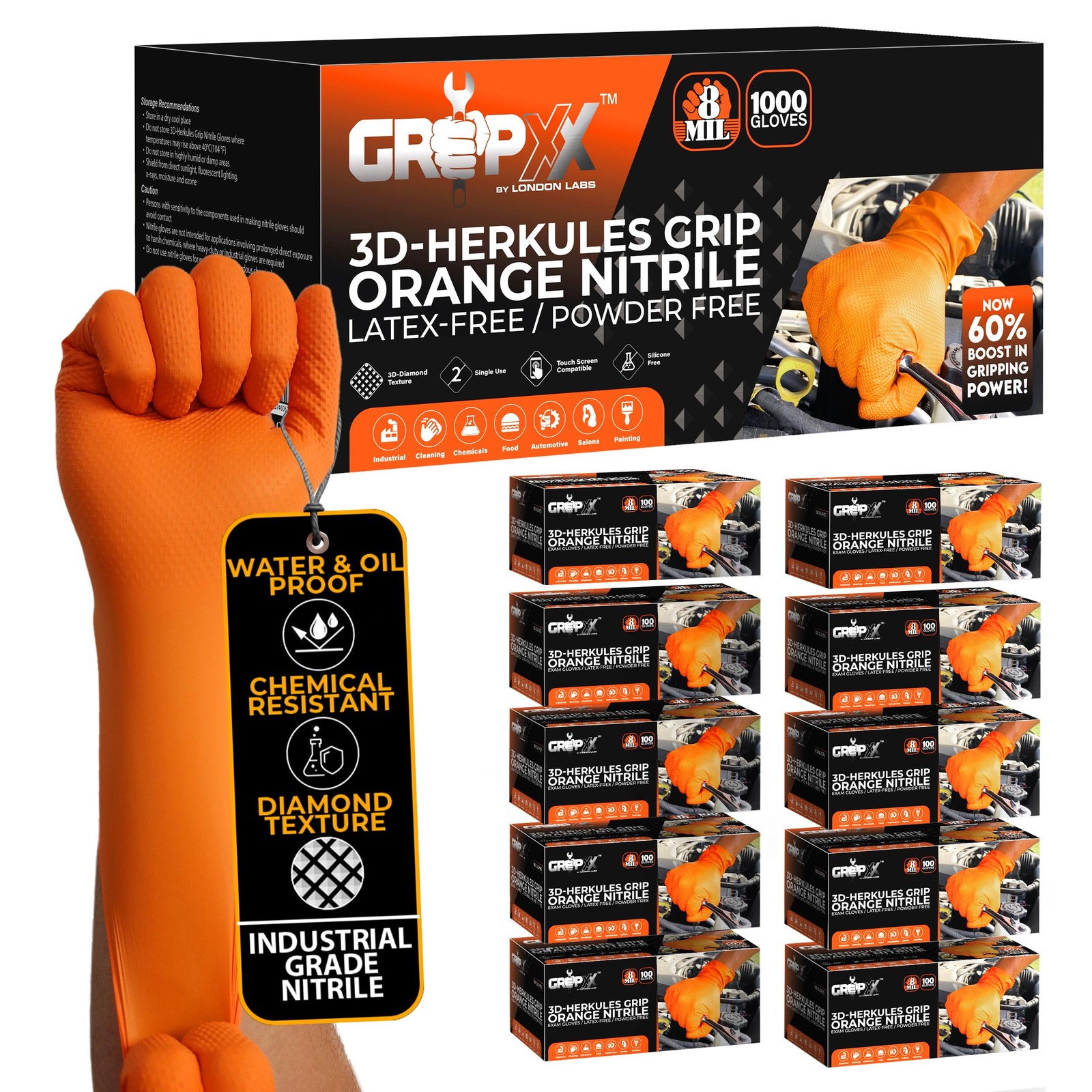 Herkules Grip Heavy Duty 8Mil Orange Nitrile Gloves,3D Raised Diamond Texture...