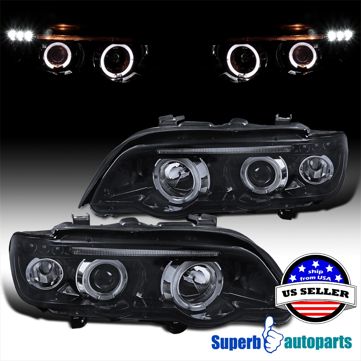 Fit 2001-2003 BMW E53 X5 Halo Projector Headlights 01-03 Glossy Black Smoke Dual Fit 2001-2003 BMW E53 X5 Halo Projector Headlights 01-03 Glossy Black Smoke Dual