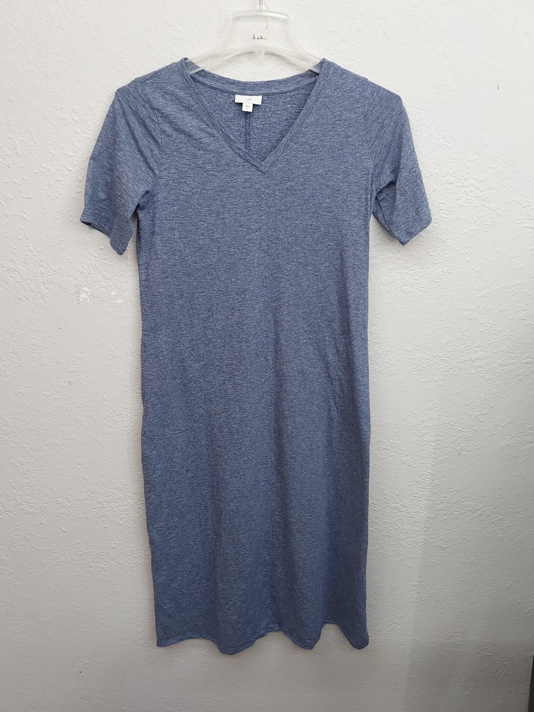 J Jill Dress Womens Small Heathered Blue V Neck Maxi Short Sleeve Cotton Stretch