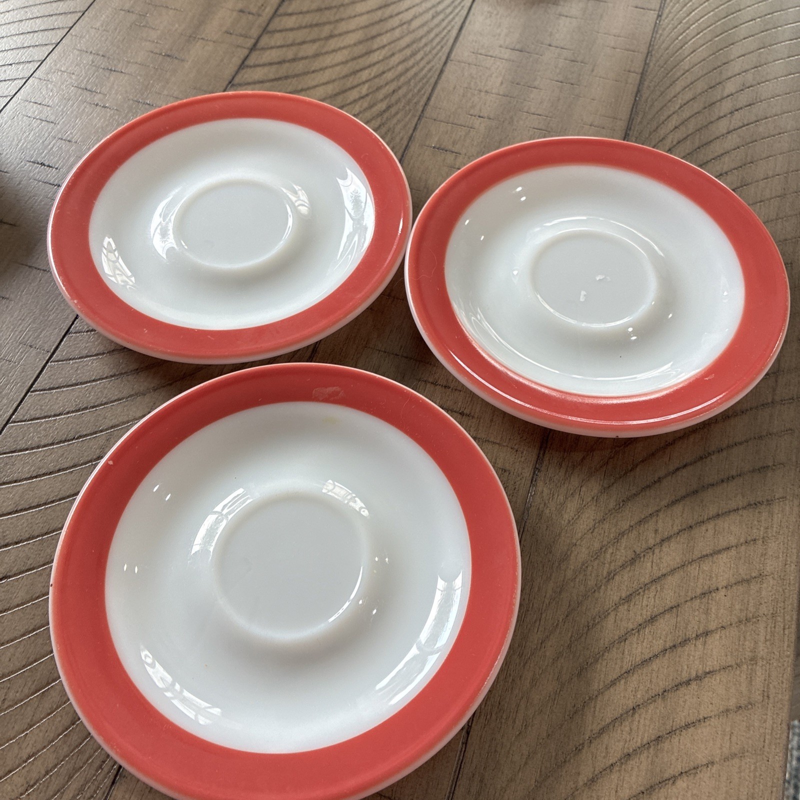3. Pyrex  Vtg Pink Flamingo Gold trim Milk Glass Saucers c 1950s