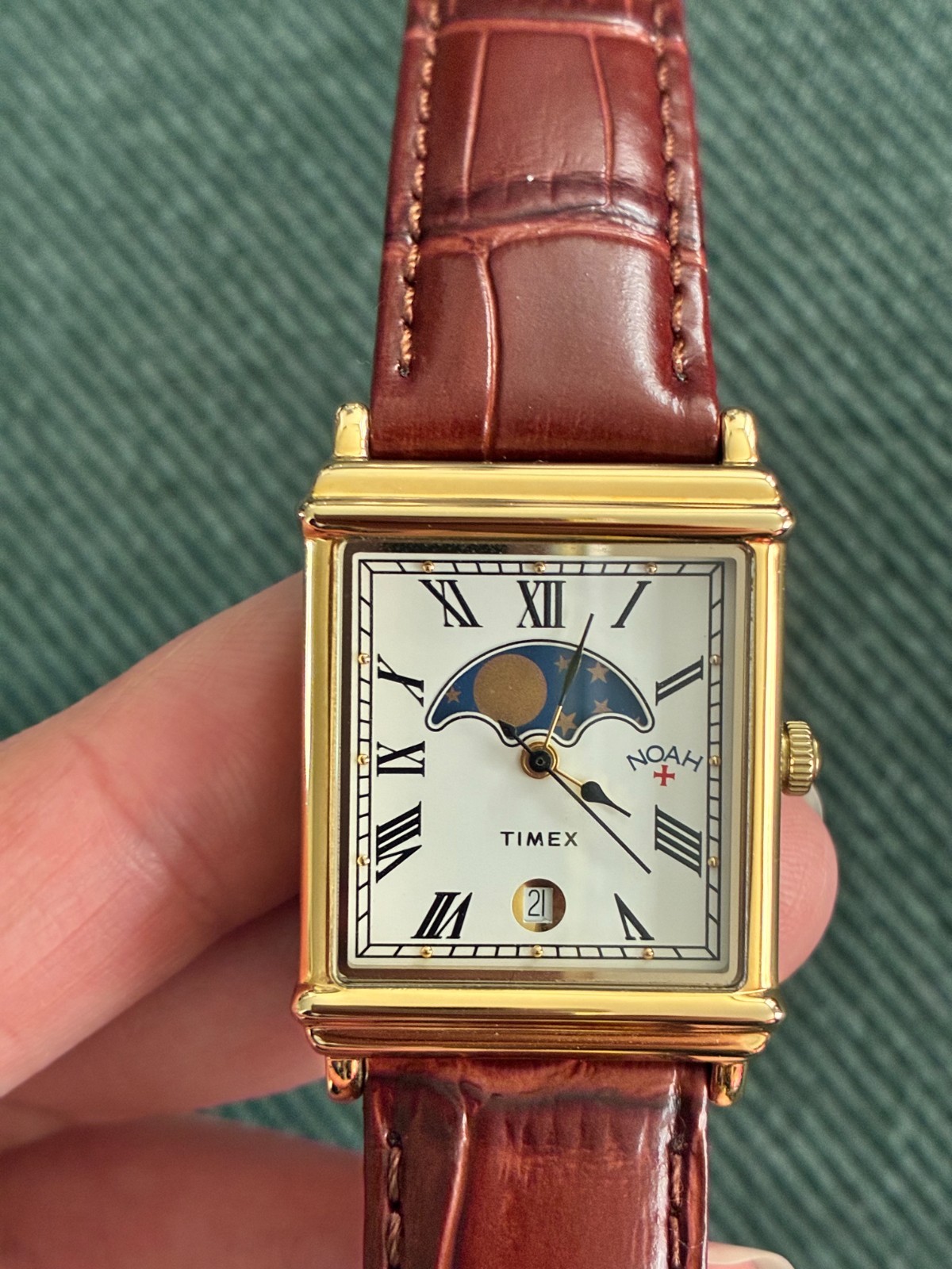 Timex x Noah Moon Phase Rectangle Gold Tone Quartz Date Brown Leather Watch