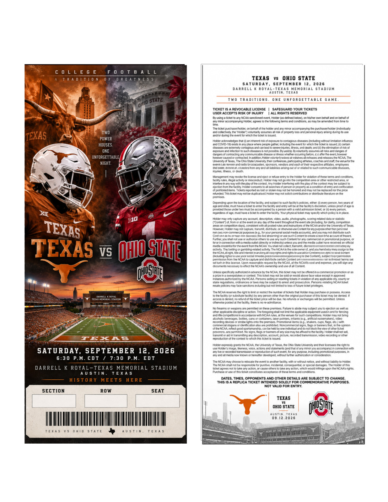 Texas vs Ohio State September 12 , 2026 Commemorative Ticket Stub Custom Texas vs Ohio State September 12 , 2026 Commemorative Ticket Stub Custom