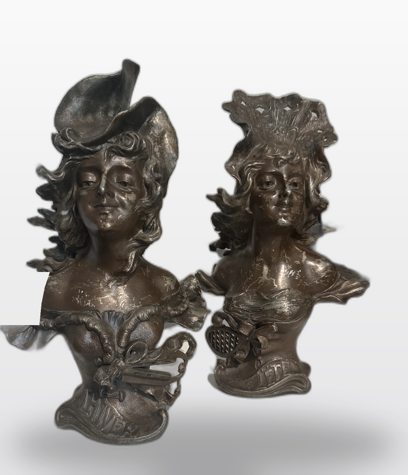Pair Art Nouveau Spelter Busts L'Hiver L'Été Signed F. Iffland c.1900