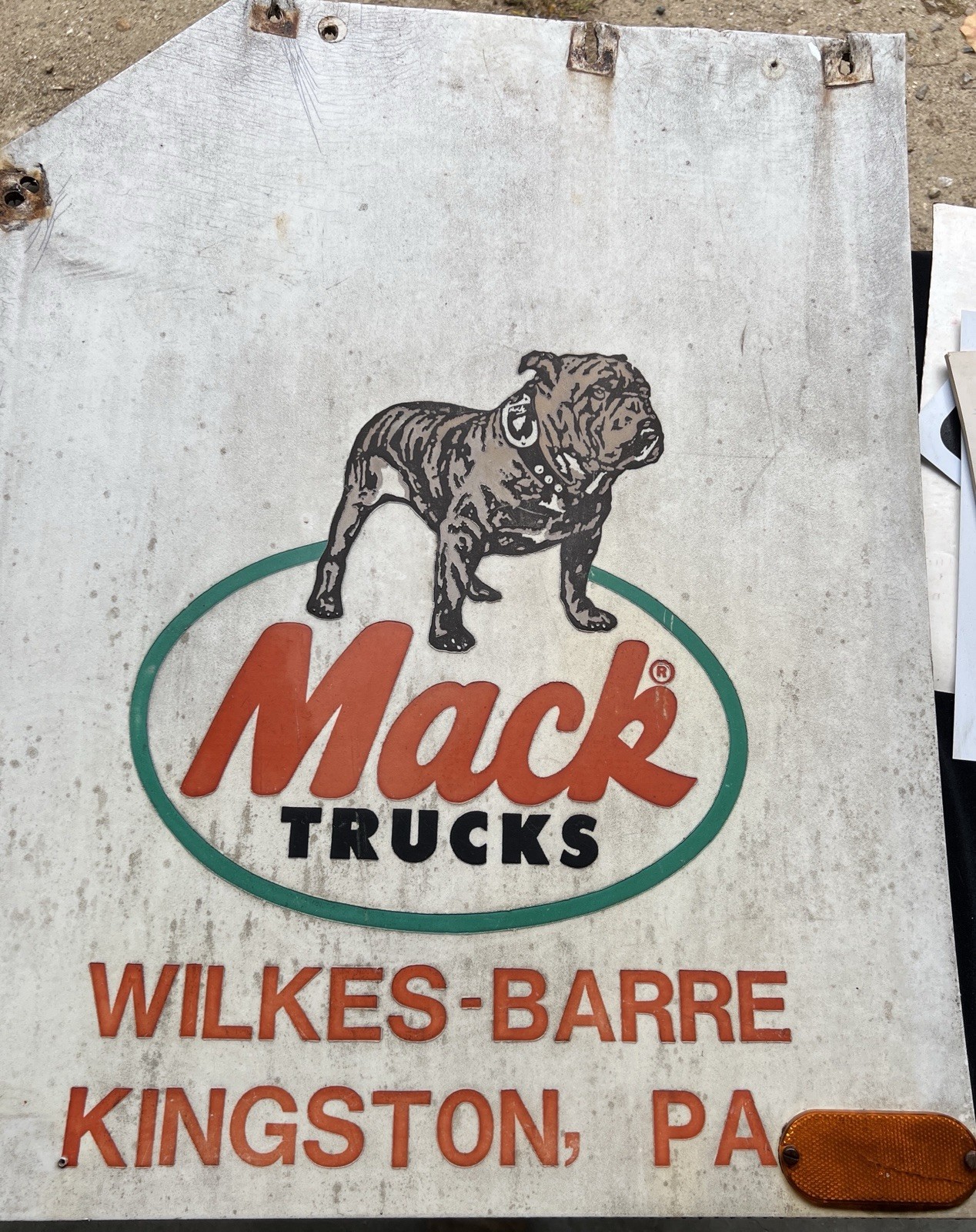 Vintage Mack Truck Advertising Sign Mud Flap Bull Dog, Wilkes-Barre, Kingston PA