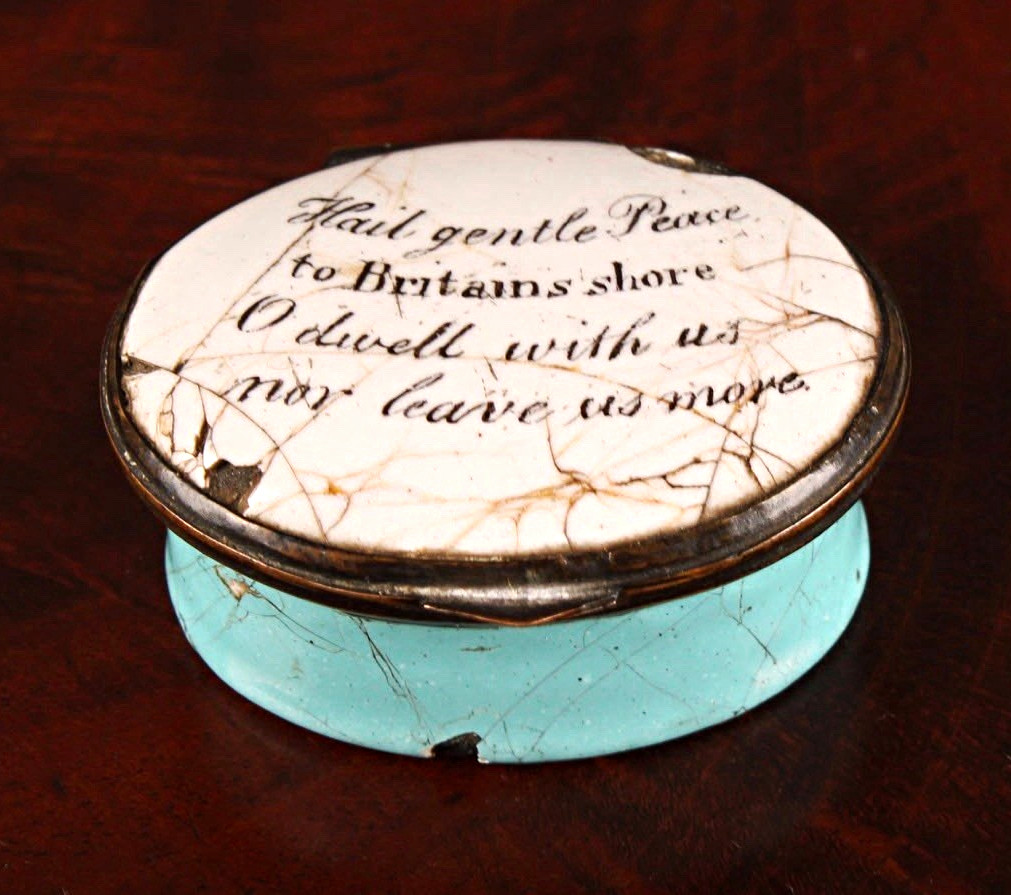 American interest - an unusual 18th century Bilston Enamel patch box, inscribed