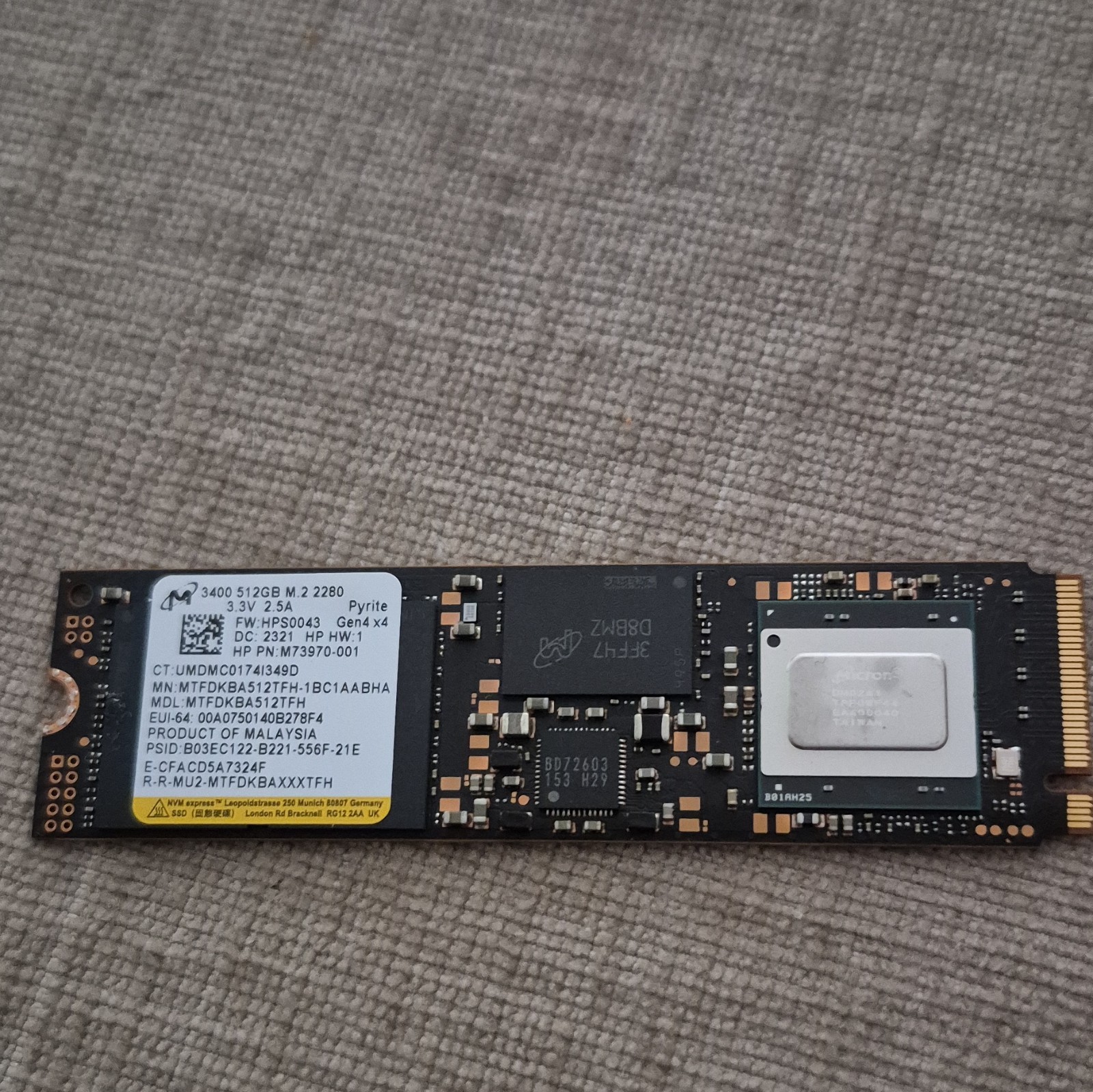 Micron 3400 512GB NVMe M.2 2280 SSD PCIe Gen 4x4 MTFDKBA512TFH 1BC1AABHA