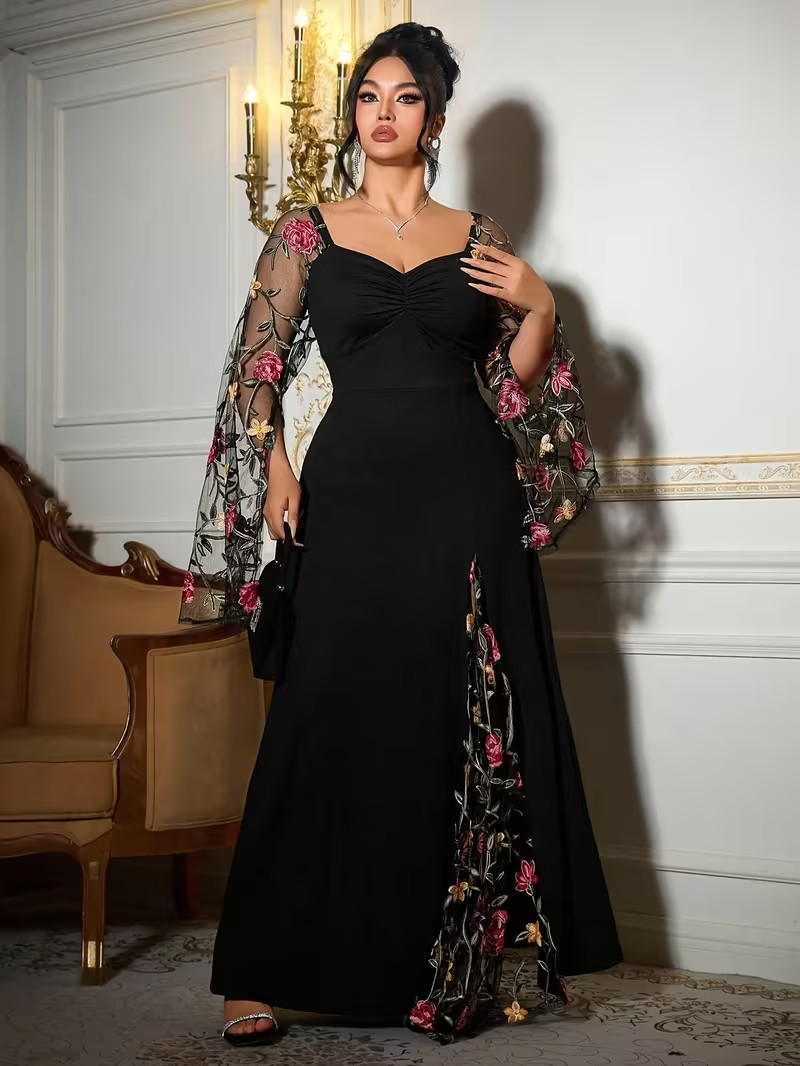 PLUS SIZE EMBROIDERED MESH BODYCON GOWN • SLIT SLEEVES • FORMAL ELEGANT • 2XL–4X