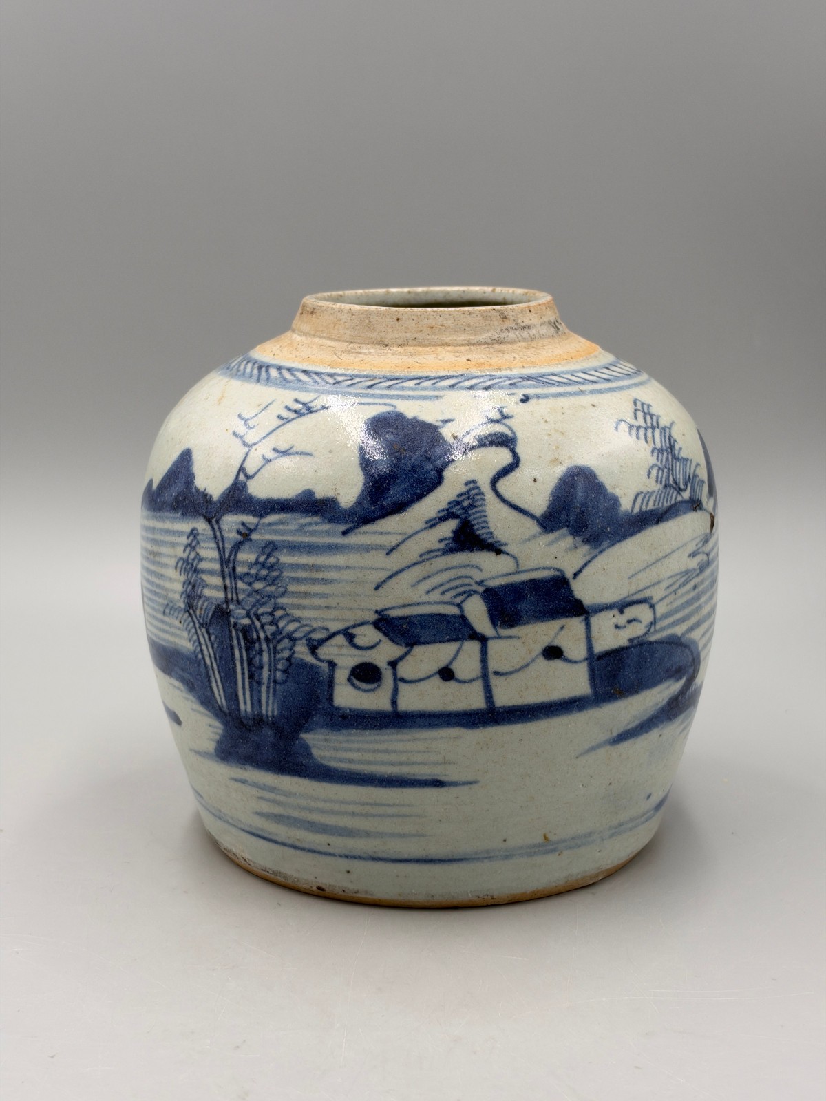 Antique  19th c. Chinese Blue and White Landscape Jar, Jiaqing period  6 1/2\'\'