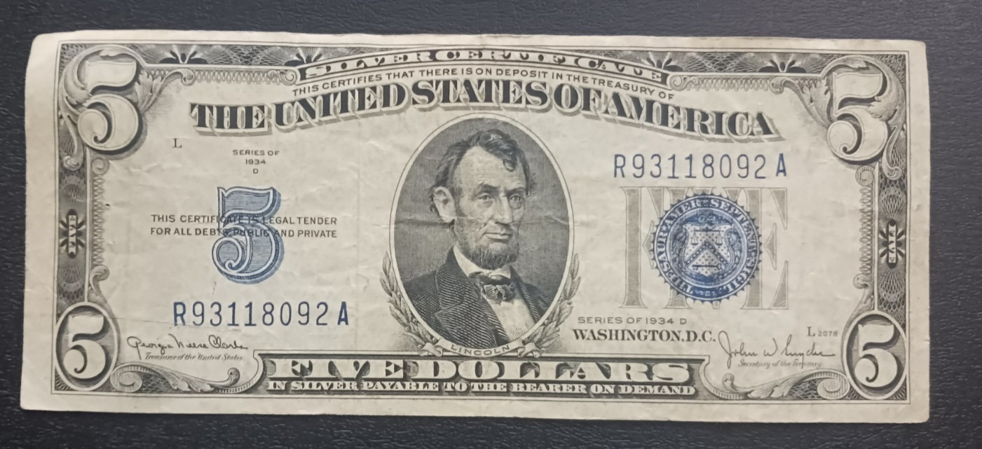 US 1934 D $5.00 Blue Seal Silver Certificate RA block