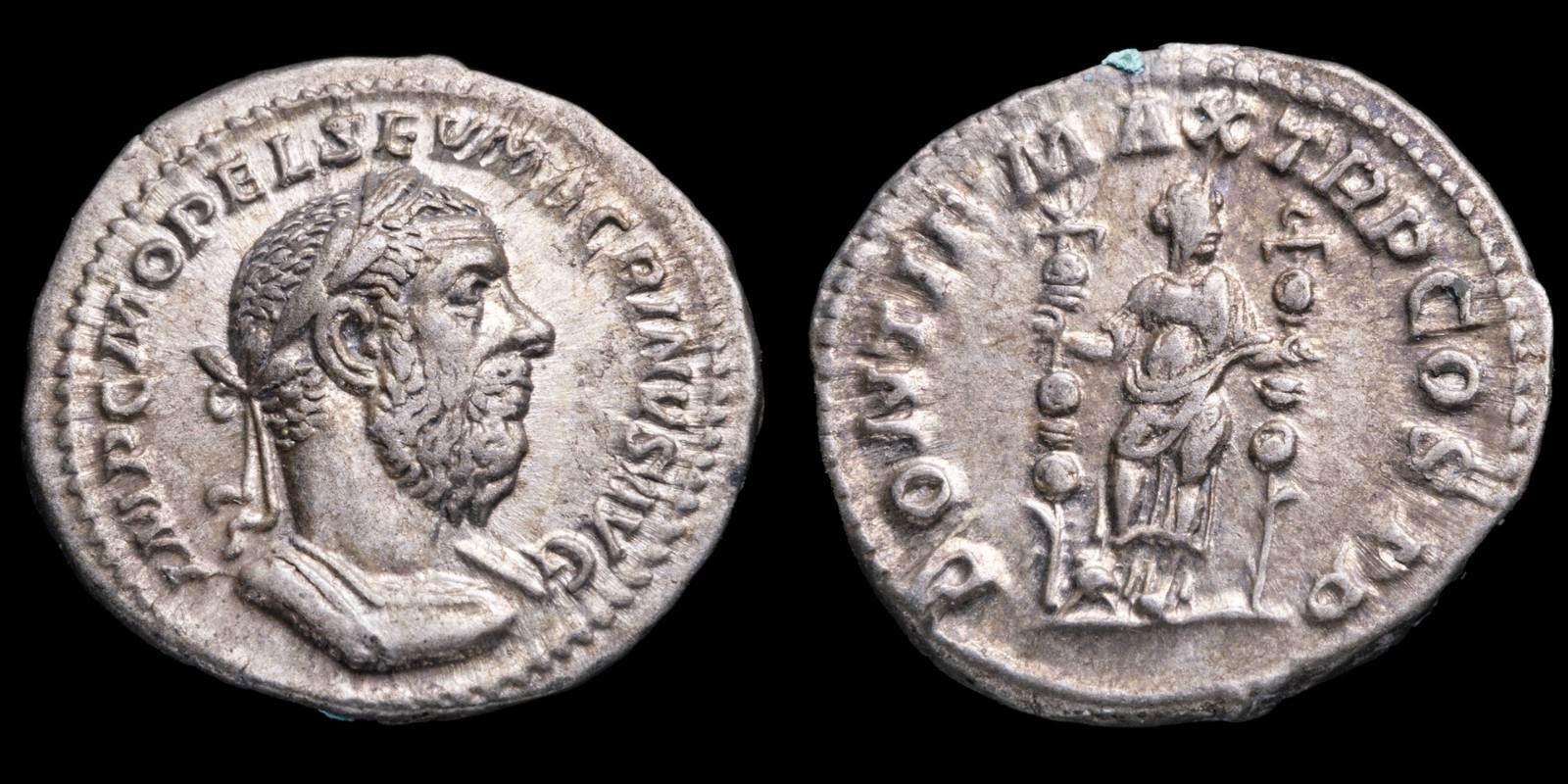 Macrinus Denarius - PONTIF MAX TR P COS PP - 3,56 gr.