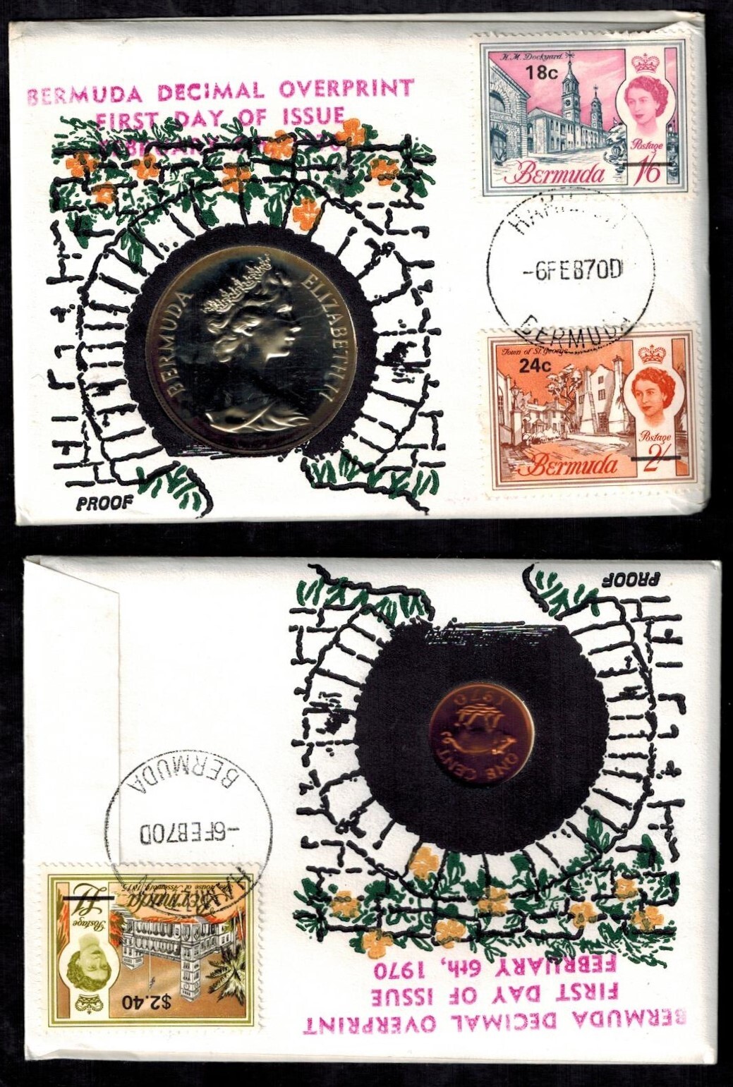 Bermuda 1970 Complete Set of 6 Surcharged FDCs for Decimal Currency w/Coins RARE