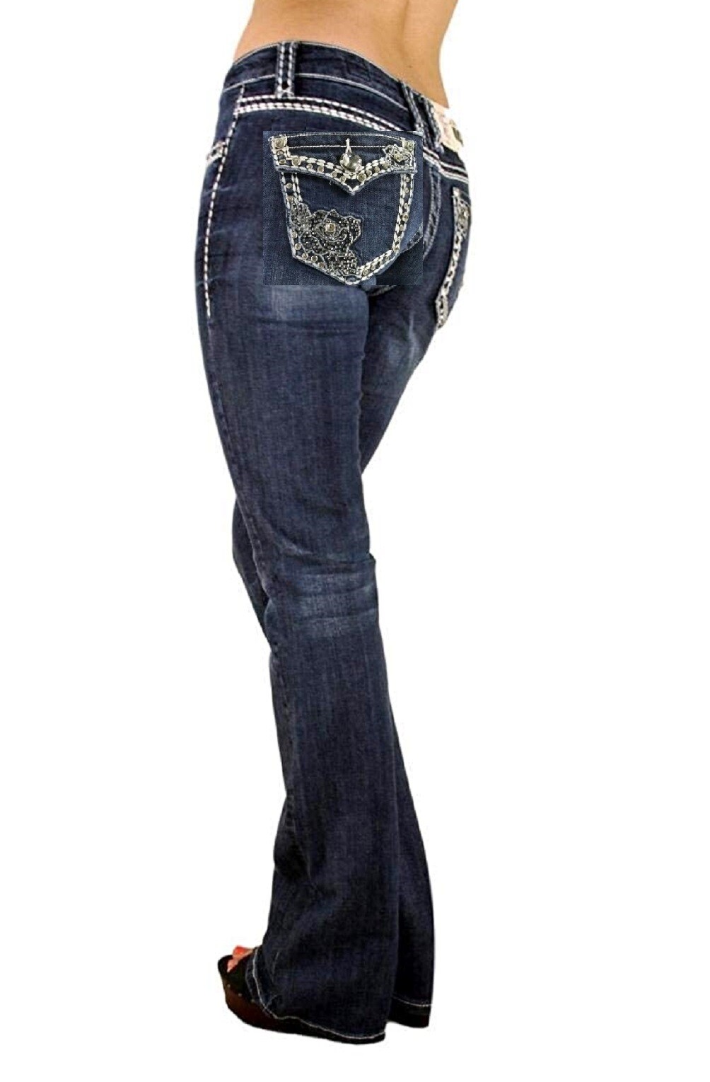 Womens Bootcut Jean Stretch Denim Mid Rise Rhinestones Jack David &LA Idol