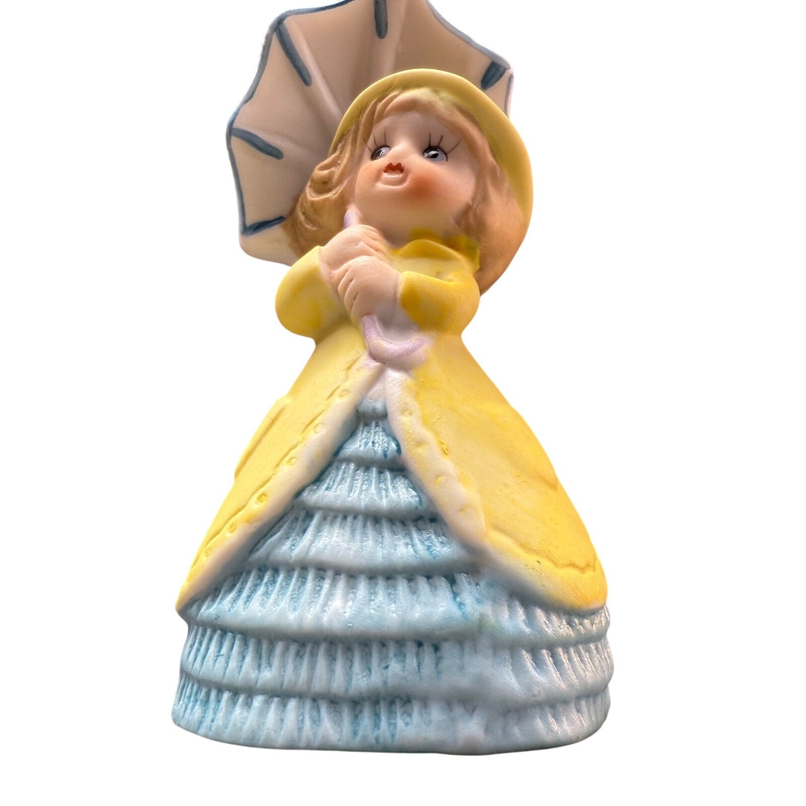 Vintage Ceramic Girl in Yellow Raincoat Umbrella Figural Dinner Bell 4.25 Inch Vintage Ceramic Girl in Yellow Raincoat Umbrella Figural Dinner Bell 4.25 Inch