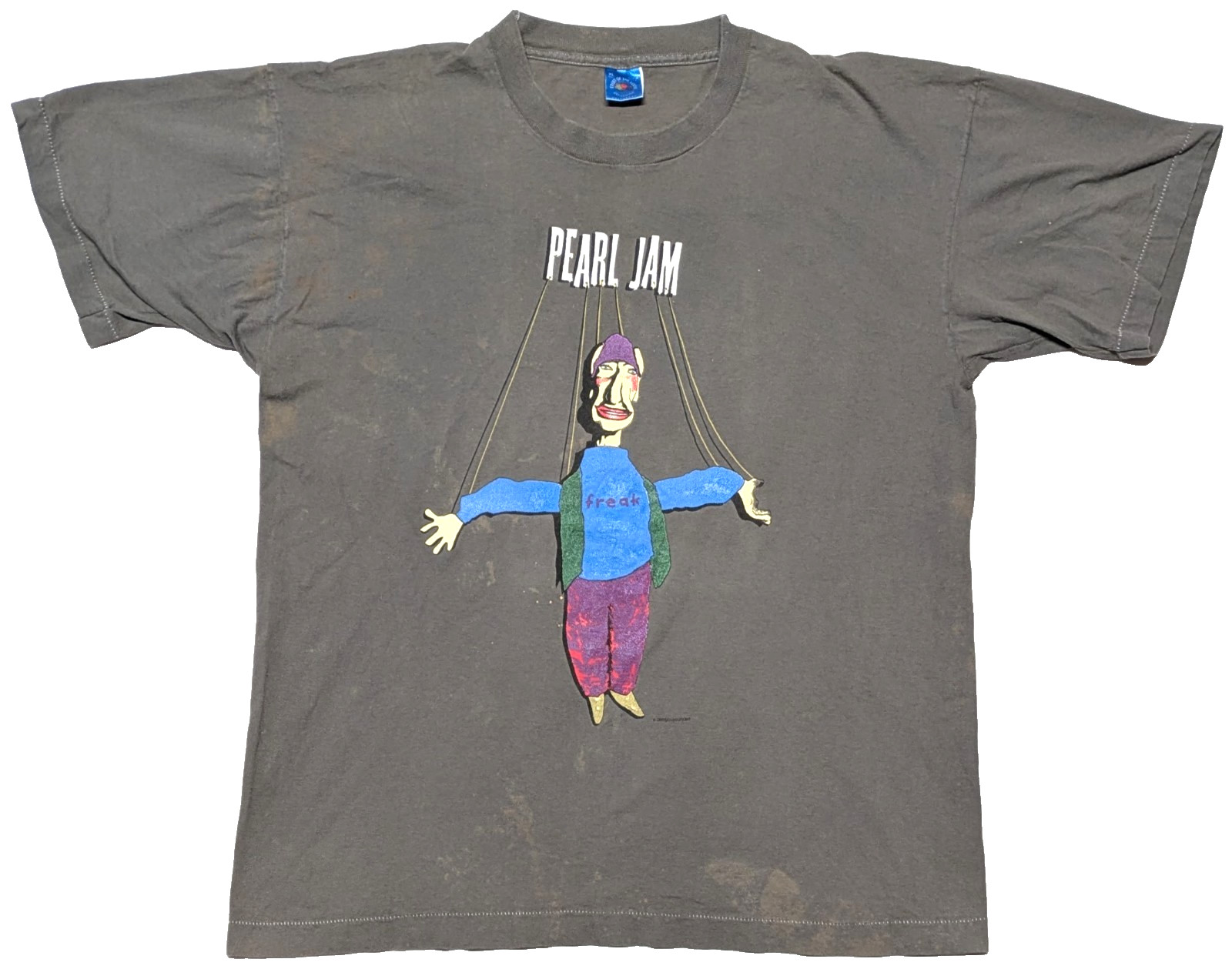 Vtg 1994 PEARL JAM Tour Shirt XL Gray FREAK Puppet 90s Grunge Faded Music Rock
