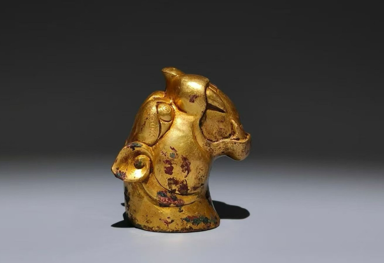 Antique Chinese Gilt Bronze Tiger Head Finial Ornament