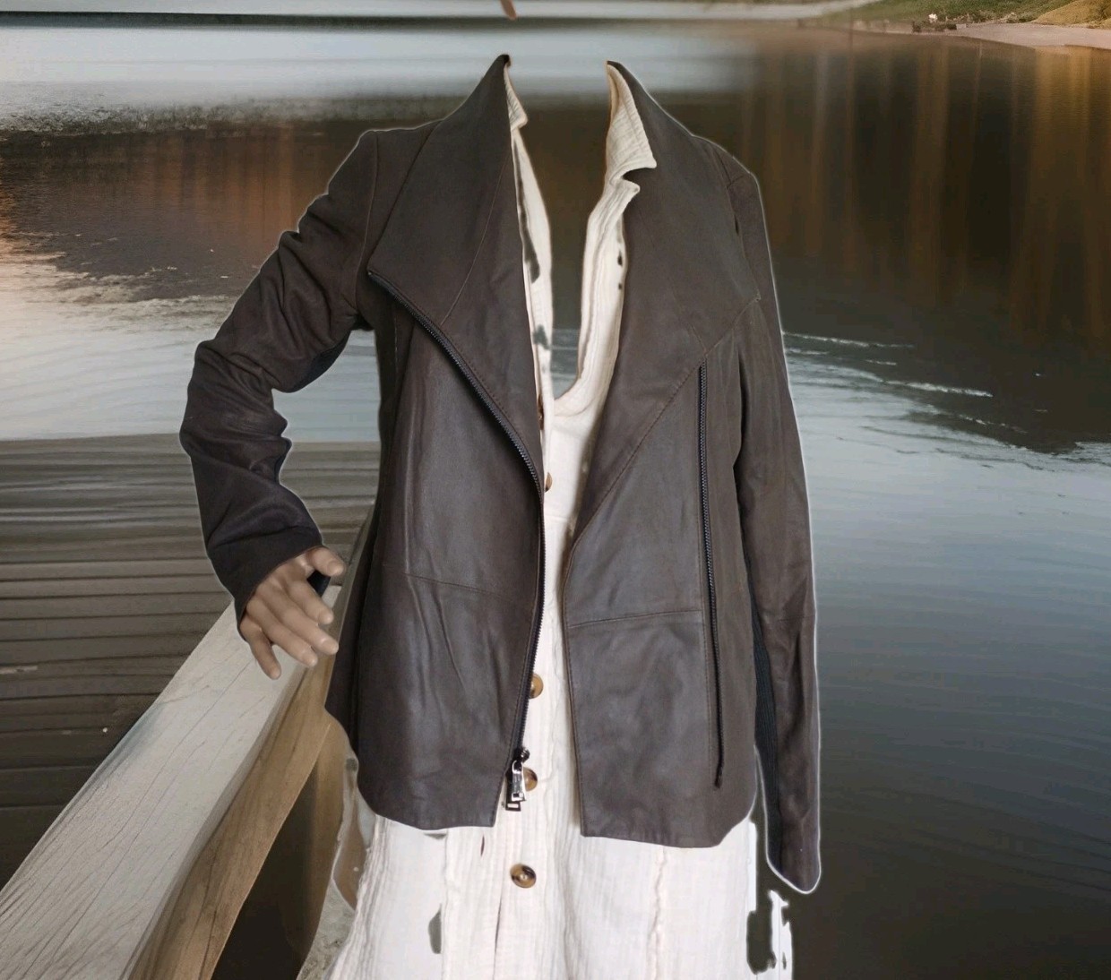 VINCE Brown Scuba Moto Asymmetrical Collar Goat Leather Jacket Merino Inset L 