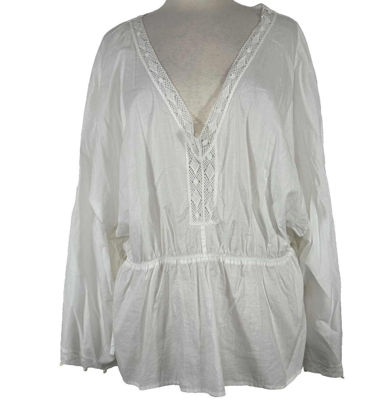 NWT Lane Bryant White Cotton V Neck Blouse Pom Pom Tunic Boho Women\'s Size 18/20