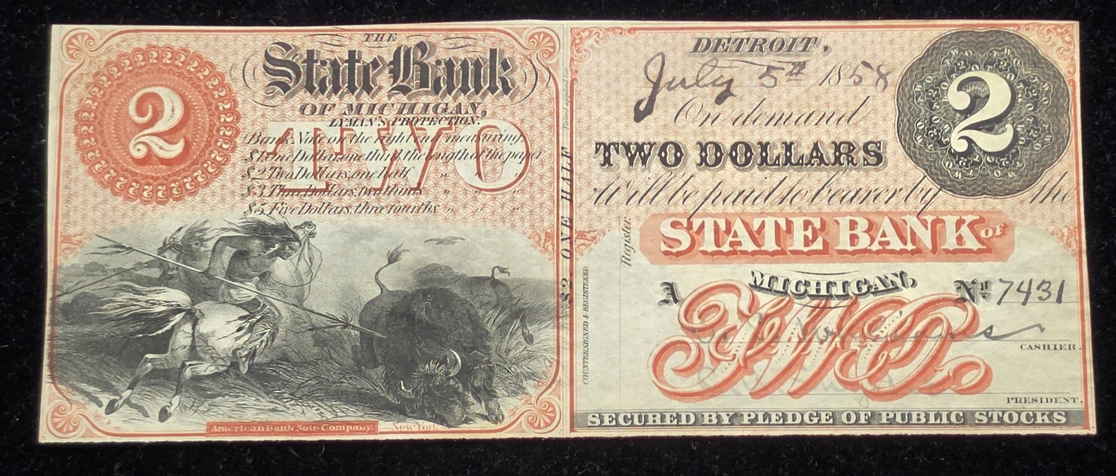 1858 $2 The State bank of Michigan- Detroit, Michigan - July 1st-AU-UNC 1858 $2 The State bank of Michigan- Detroit, Michigan - July 1st-AU-UNC