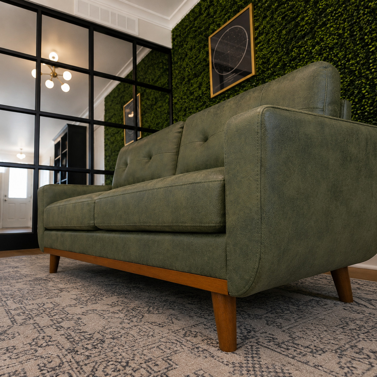 Mid-Century Modern Olive Green Tufted Loveseat Sofa 2-Seater Microsuede Couch