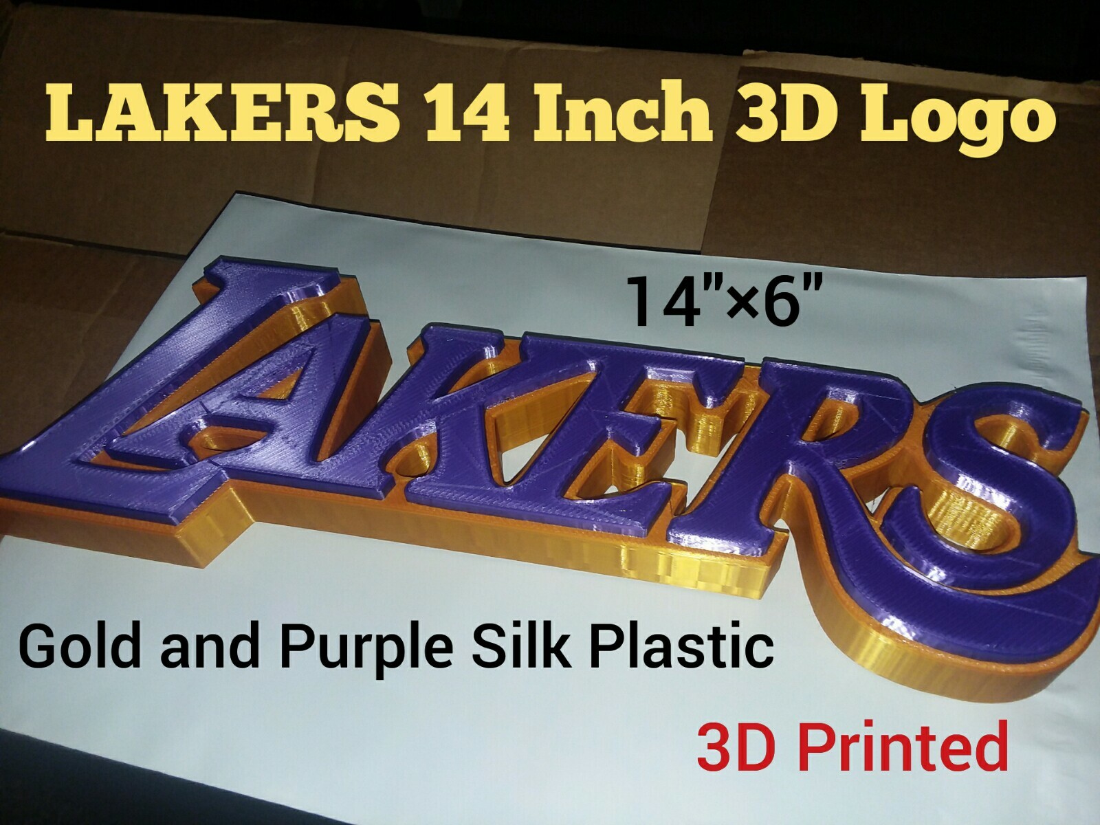 LA Lakers NBA Logo wall mount. 3D Printed 14 Inch by 6 Inch. Silk Plastic 