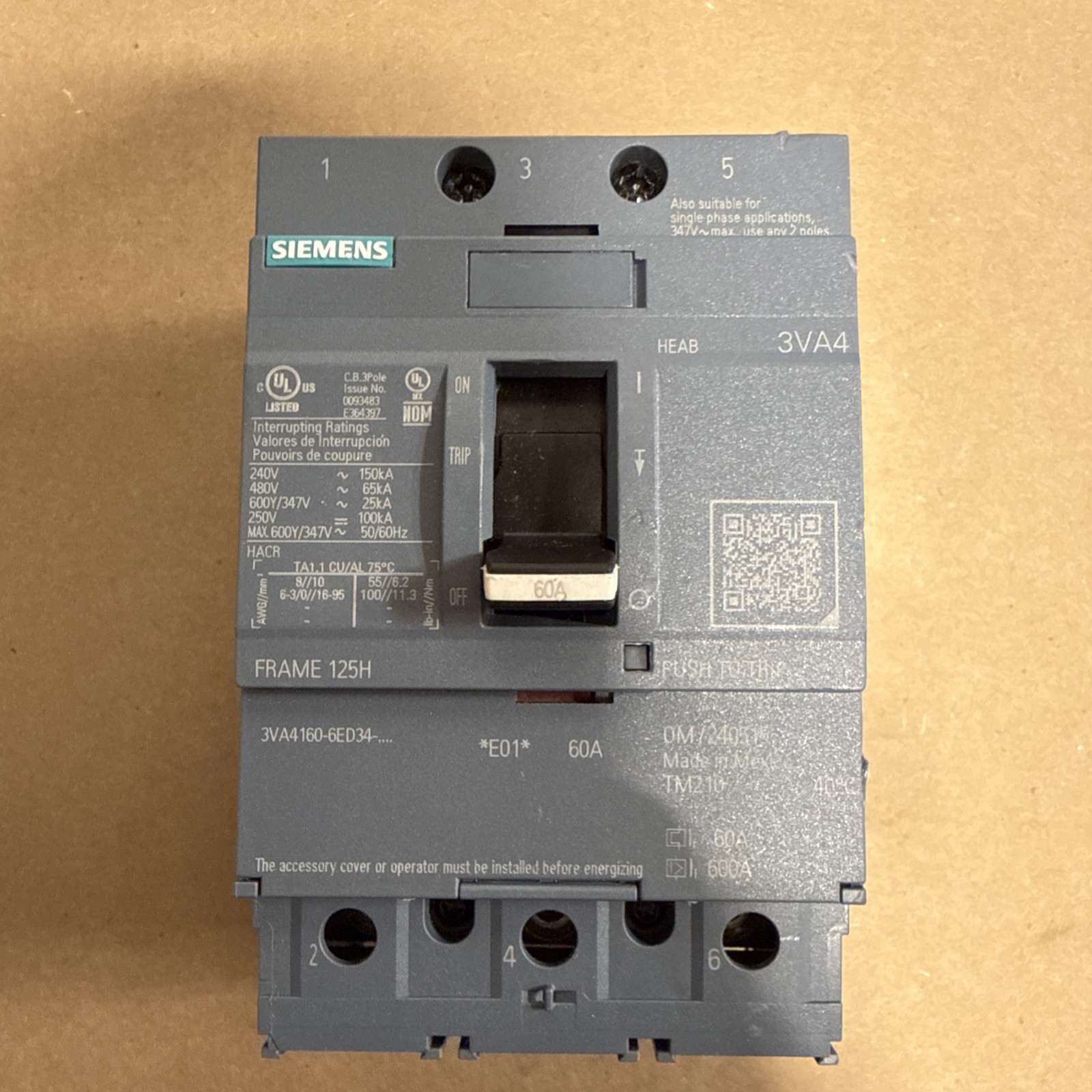 SIEMENS 3VA4160-6ED34-0AA0 Breaker 3VA41 3P 60A 65KA New Surplus SIEMENS 3VA4160-6ED34-0AA0 Breaker 3VA41 3P 60A 65KA New Surplus