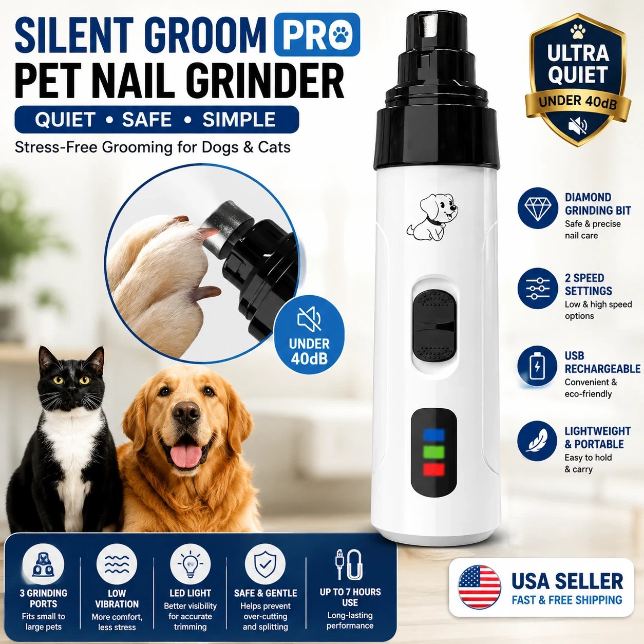 Upgraded Silent Groom Pro Nail Grinder Heusom Silent Grind Pro for Dogs Nail