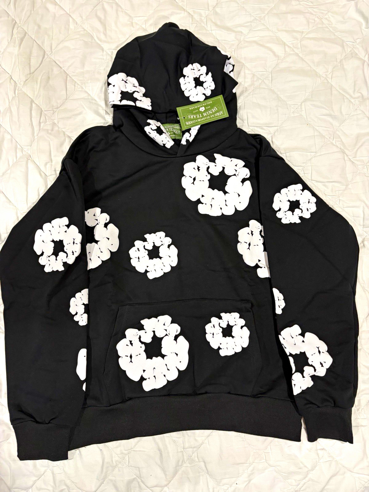 Denim Tears Unisex Adults M Black Pullover Hoodie White Graphic Print Pockets