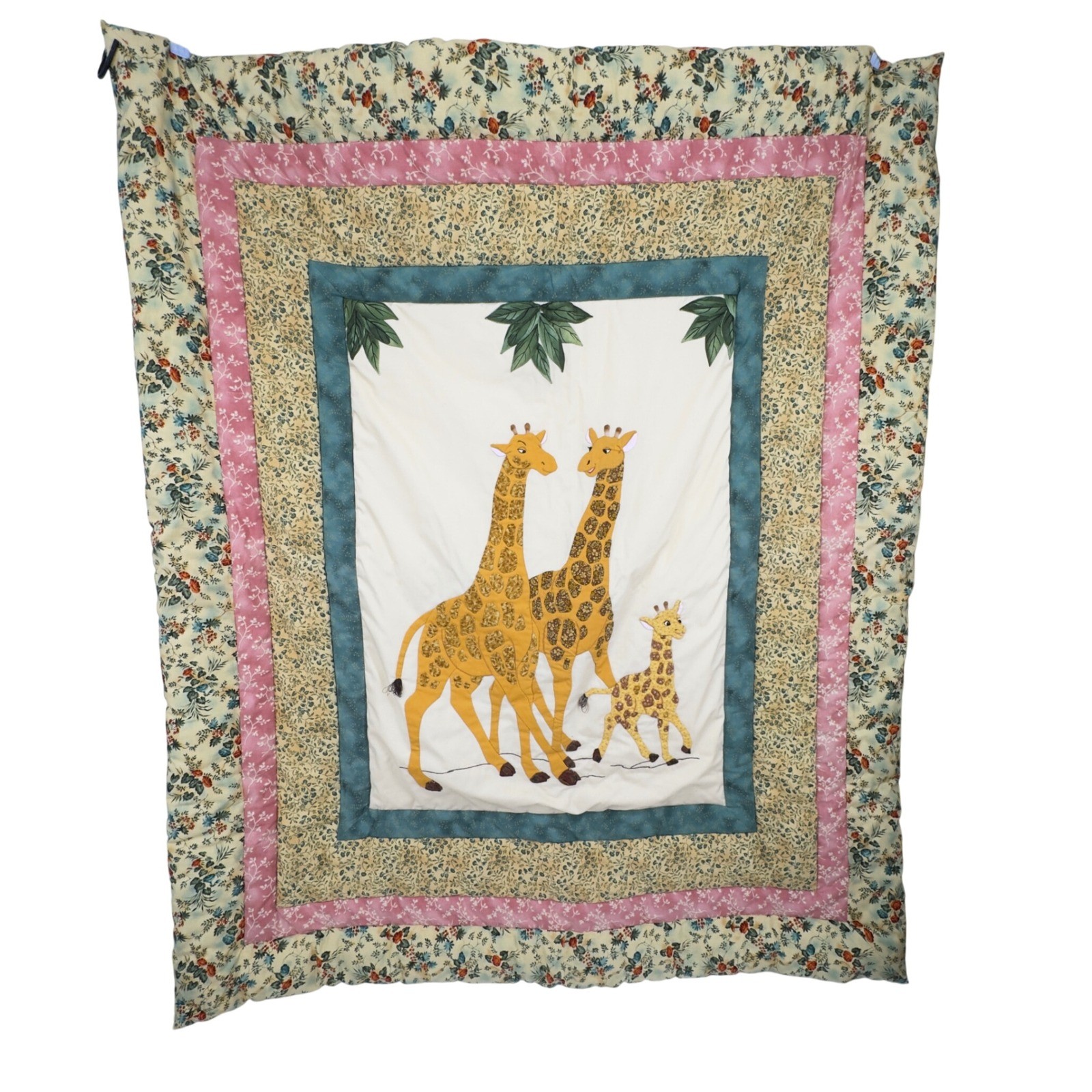 Handmade Giraffe Family Quilted Baby Blanket Floral Border Nursery 53x44 Toddler