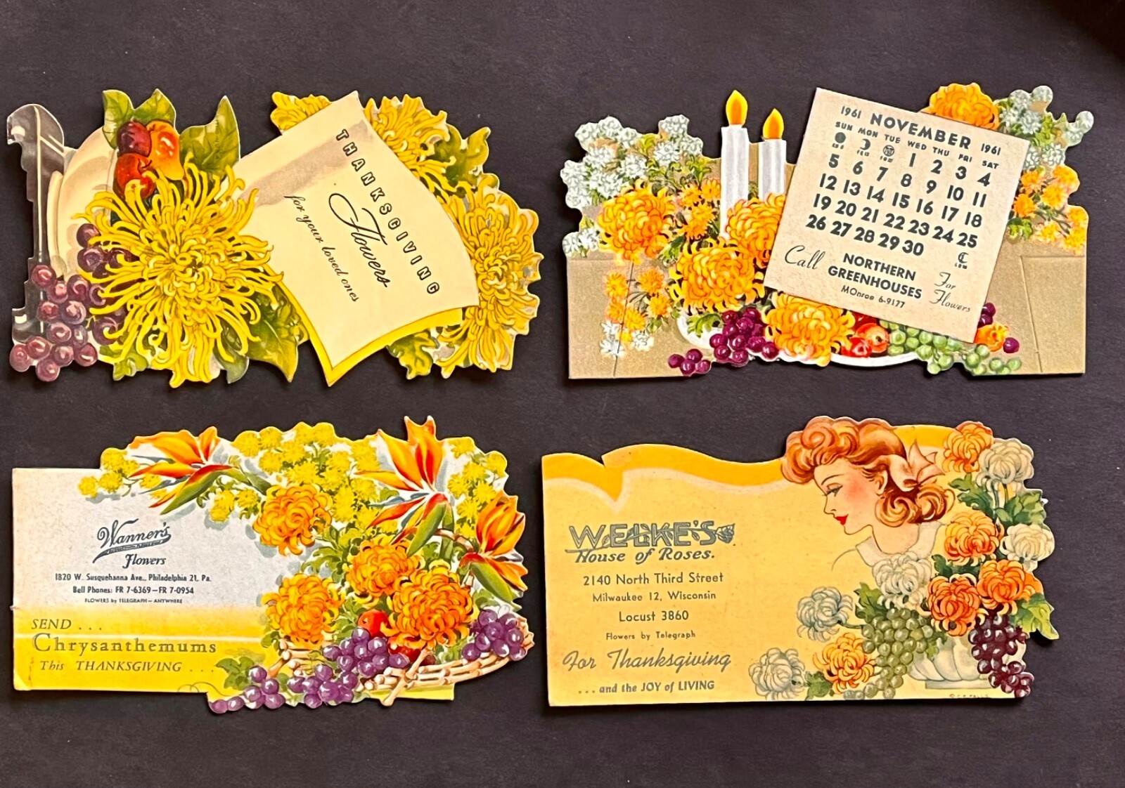 4 Vintage Ad Blotter DIE-CUTS Exquisite Floral Table Arrangements 1941 Calendar
